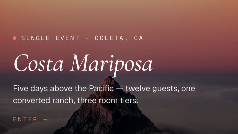 A promotional graphic for a single event at Costa Mariposa in Goleta, California, featuring the mountain and sunset background with event details.