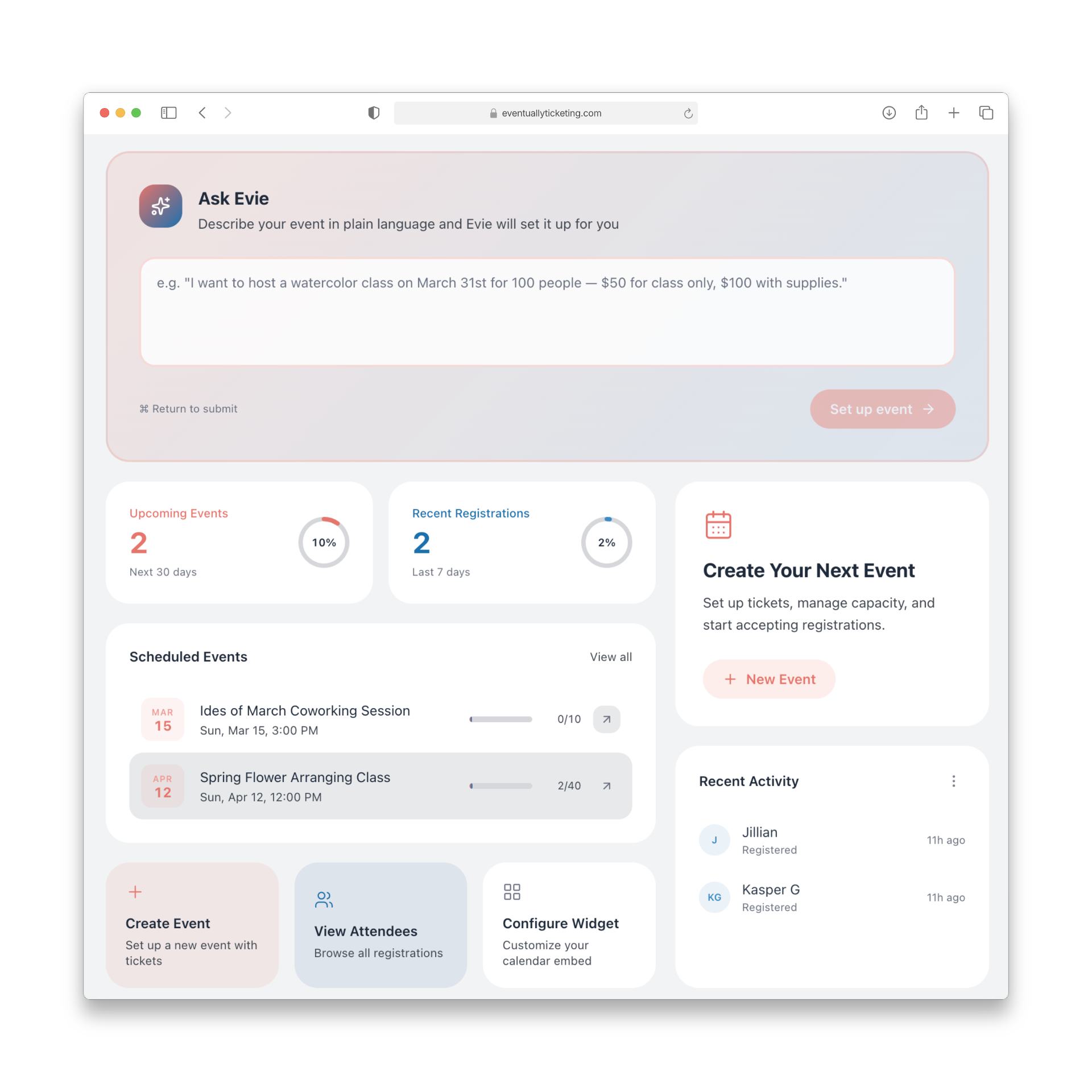 Screenshot of an event management dashboard on a website showing upcoming and recent events, registration stats, and options to create or view events.