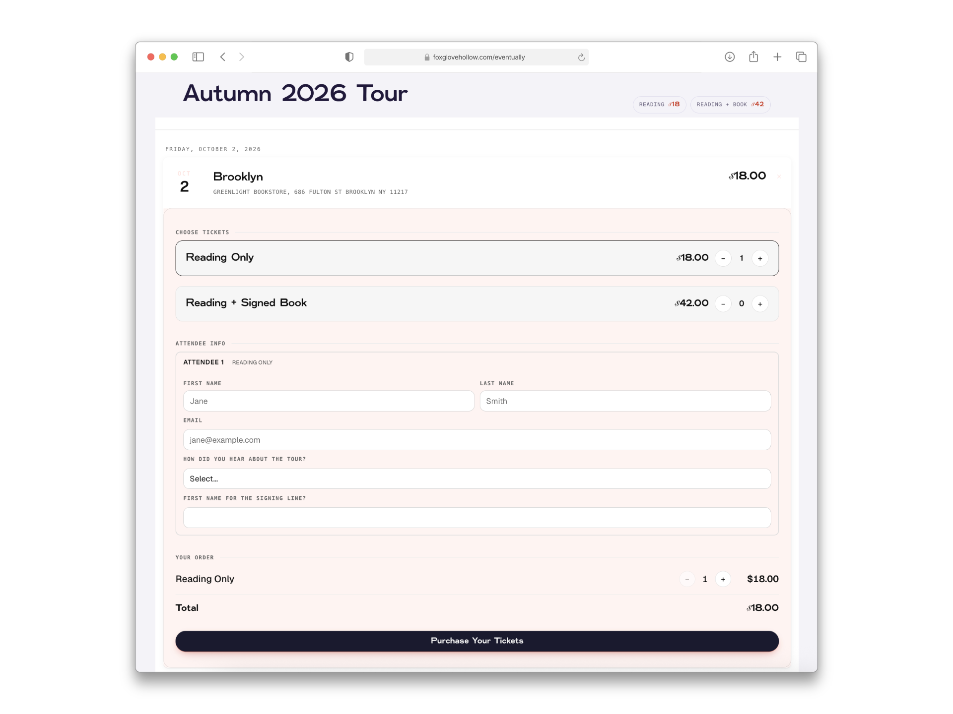 Online ticket purchase webpage for Autumn 2026 Tour, showing options for Brooklyn event tickets, attendee information form, and total price.