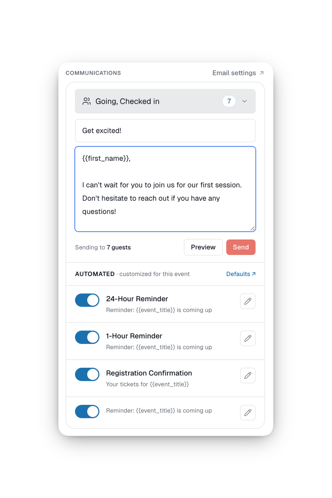 Screenshot of an email automation interface showing a message template for inviting guests to a session, with adjustable reminders for 24 hours, 1 hour, and registration confirmation, and options to preview or send the email.