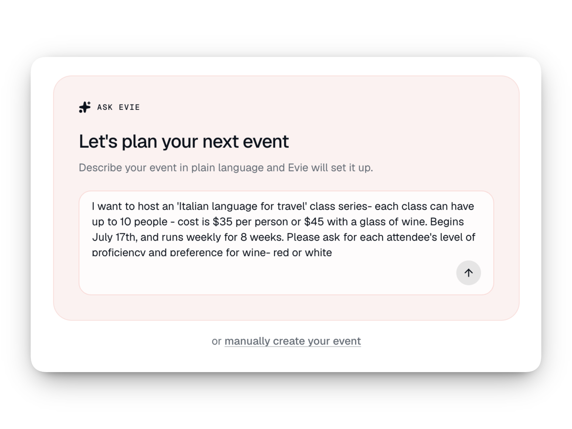 Screenshot of an event planning webpage titled 'Let's plan your next event' with a description of hosting an Italian language travel class series.