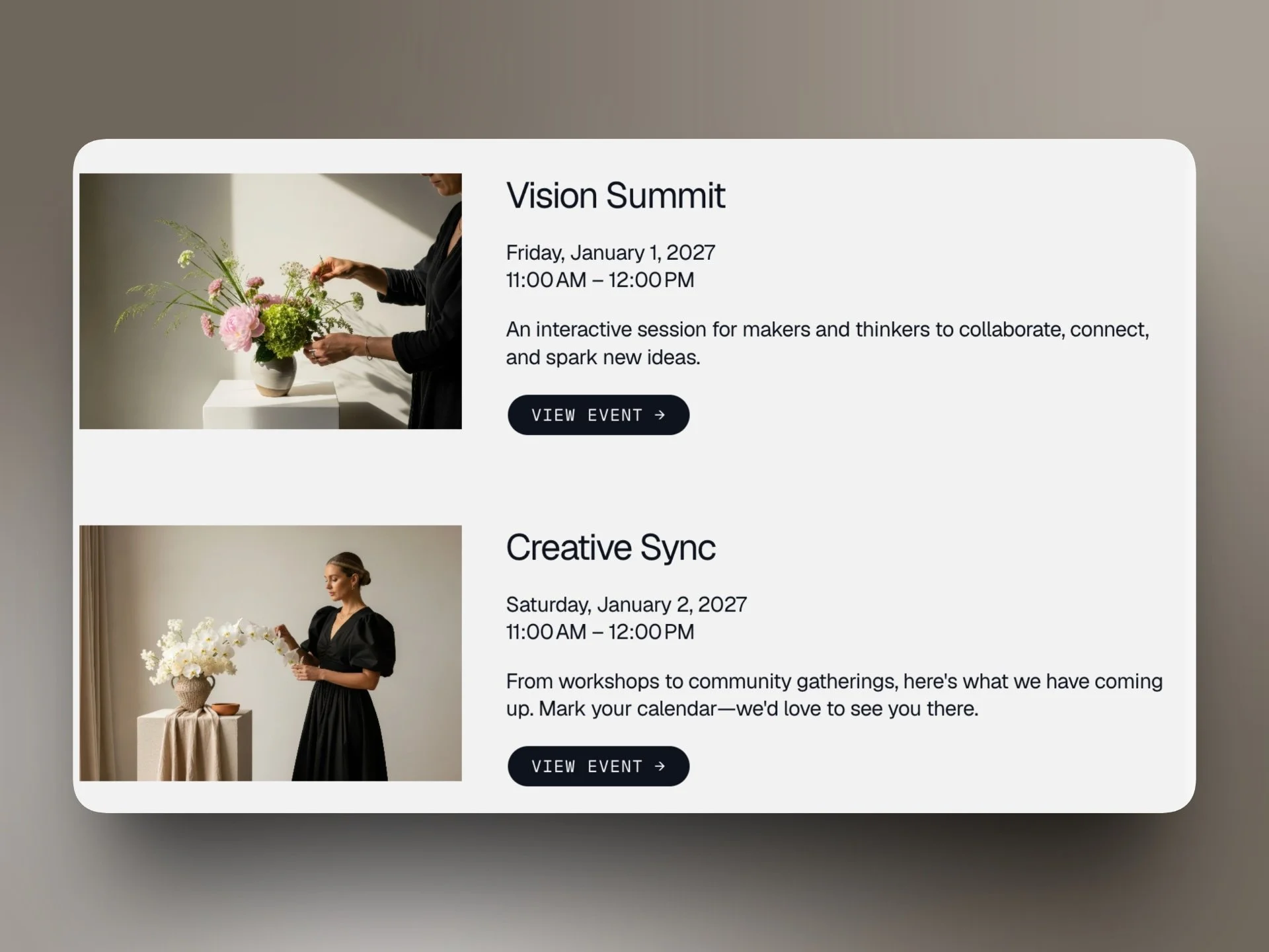 Event listings with images of a person arranging flowers; details for Vision Summit and Creative Sync events shown with dates and times.