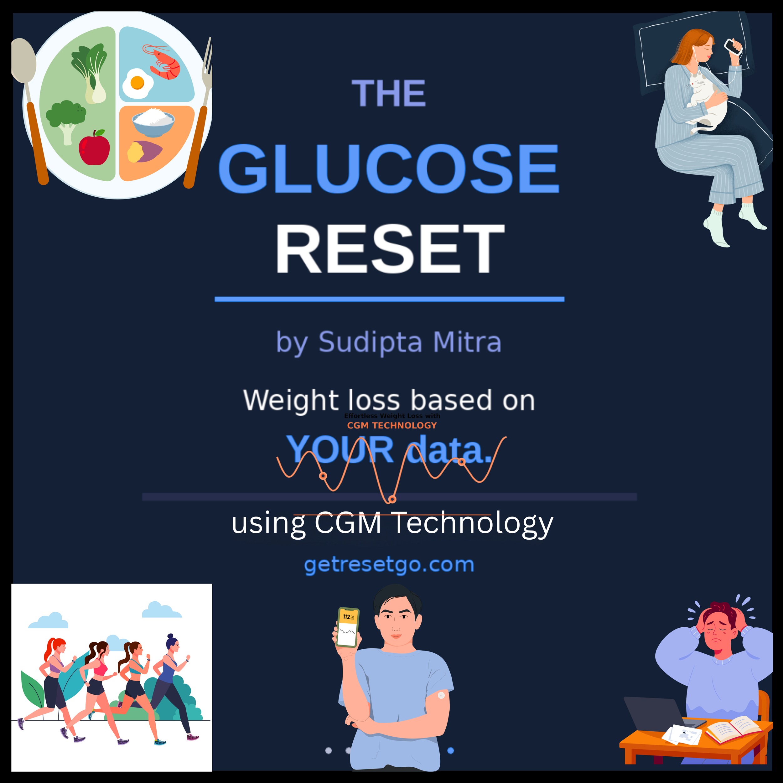 A digital illustration promoting a book titled The Glucose Reset - A Personal Journey: Use YOUR data ,Control Type 2 Diabetes,Lose Weight,Burn Fat,Eliminate Cravings and Transform YOUR Metabolism with Continuous Glucose Monitoring (CGM)