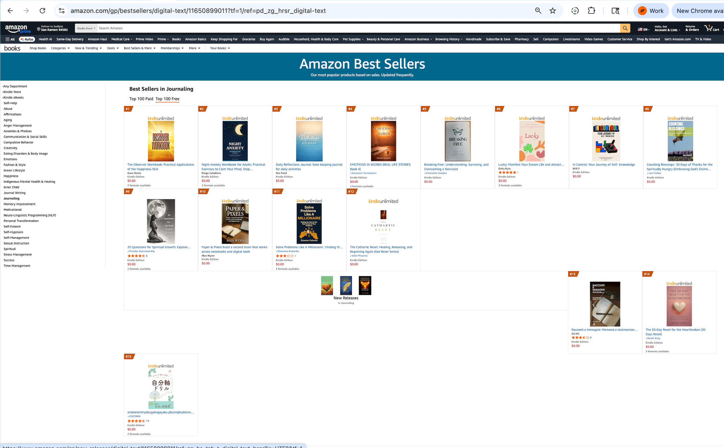 Screenshot of Amazon Best Sellers in Journaling, showing book covers and titles in various categories.