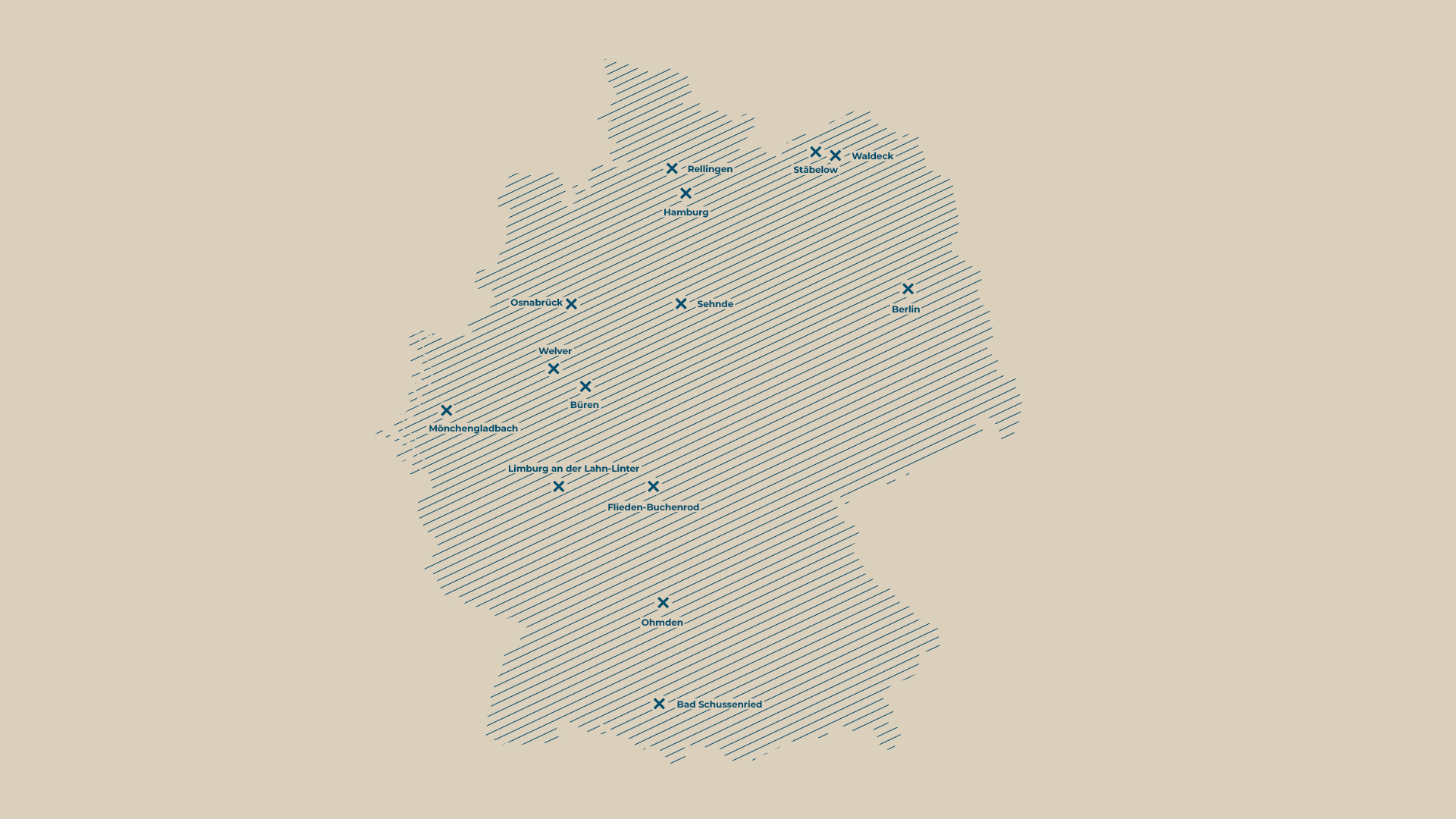 Karte von Deutschland mit markierten Städten wie Hamburg, Berlin, Osnabrück, Büren, Limburg an der Lahn, Bad Schussenried, Ohmdem, Welver, Mönchengladbach, Sehnde, Steinbock, Waldeck, Rellingen, Stäbelow, Flieden-Buchenrod.