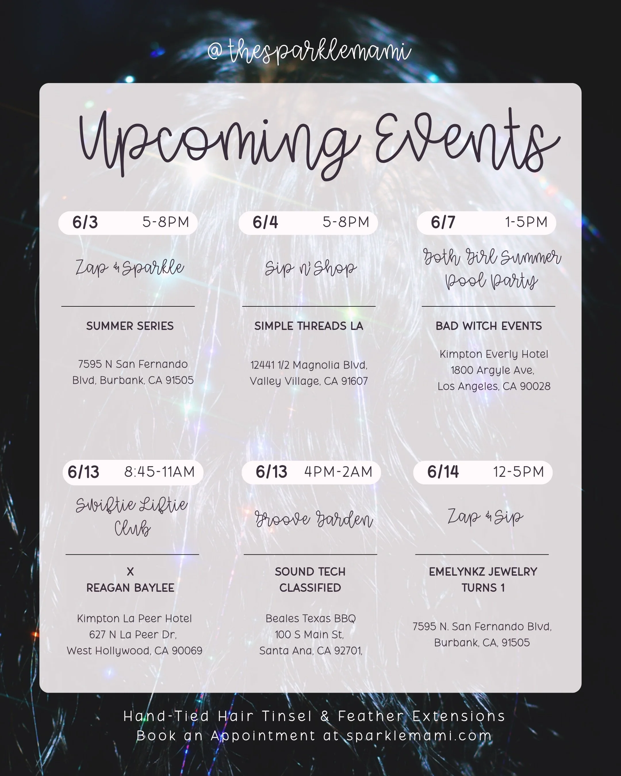 Where to find me the first half of June 🌟

Catch me around the SFV, LA, WeHo &amp; Santa Ana from pool parties to Swiftie Pilates meet ups to raves 💖

Swipe for dates and locations! ◡̈ 

Come get sparkled ✨