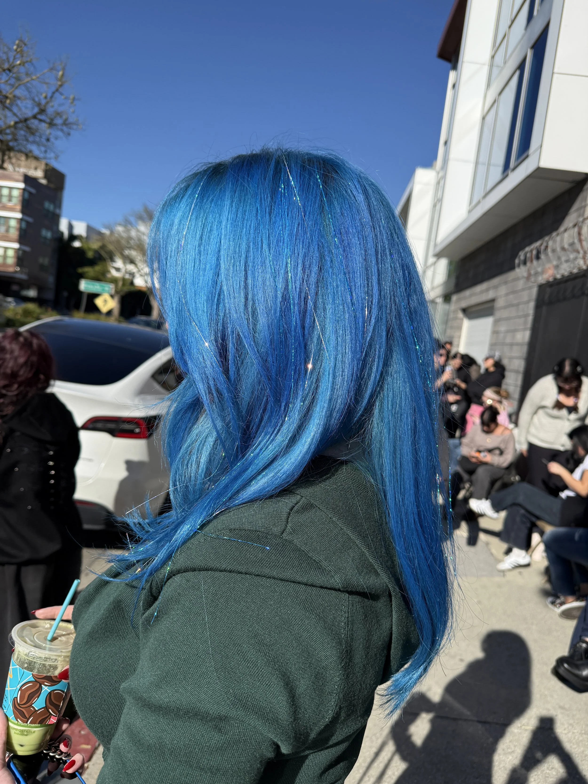 Blue hair tinsel installed on client outdoors