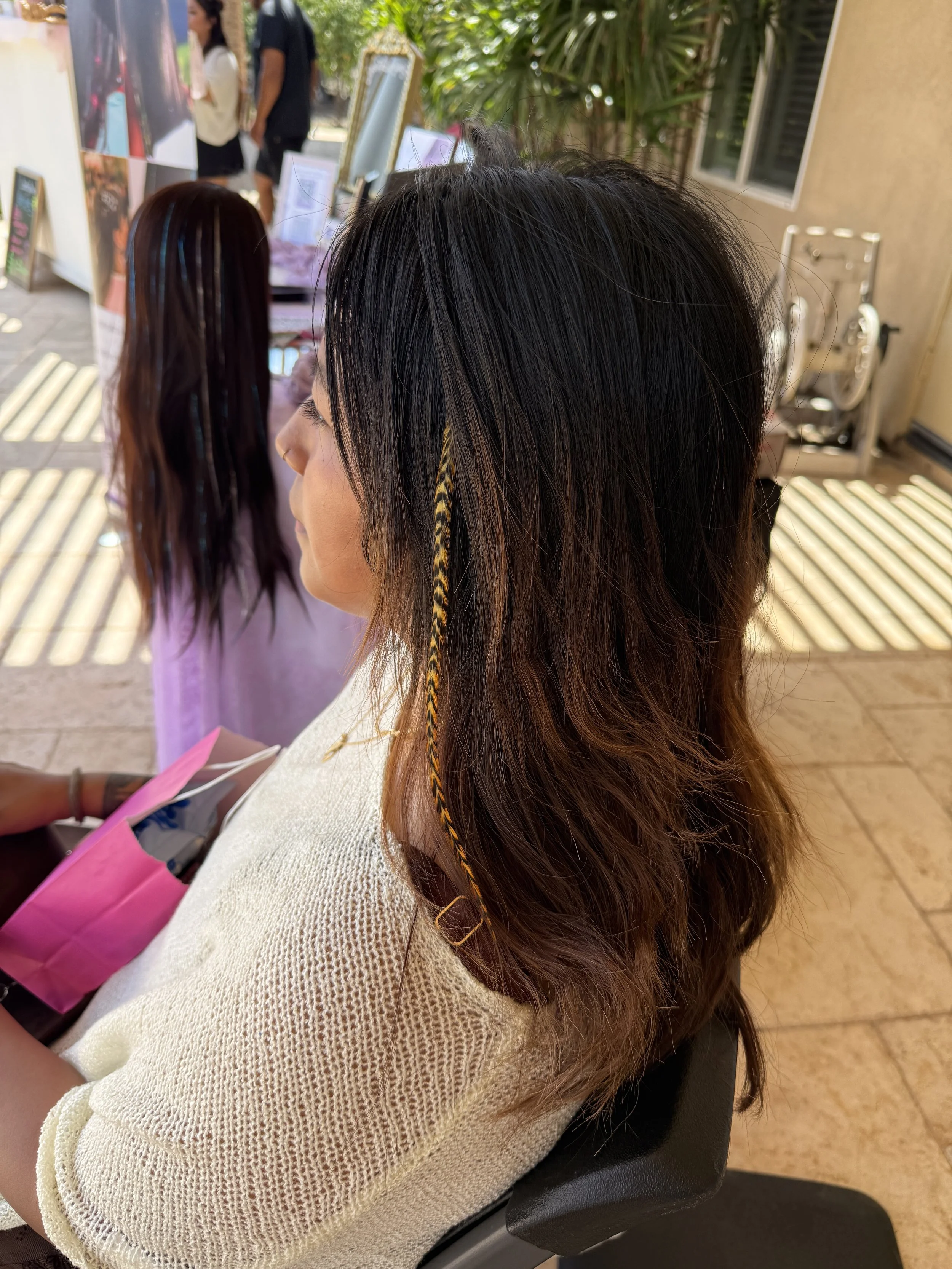 yellow checkered hair feather in ombre hair