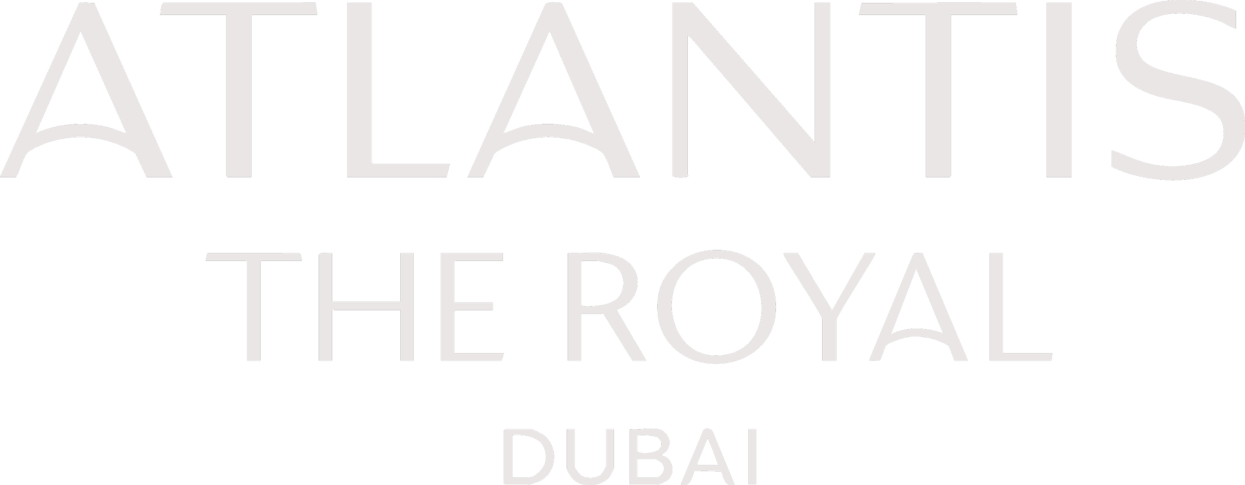 The logo of Atlantis The Royal Dubai, featuring the word 'ATLANTIS' in large gray stylized text at the top, with 'THE ROYAL' in smaller gray text beneath, and 'DUBAI' in gray text at the bottom, against a black background.