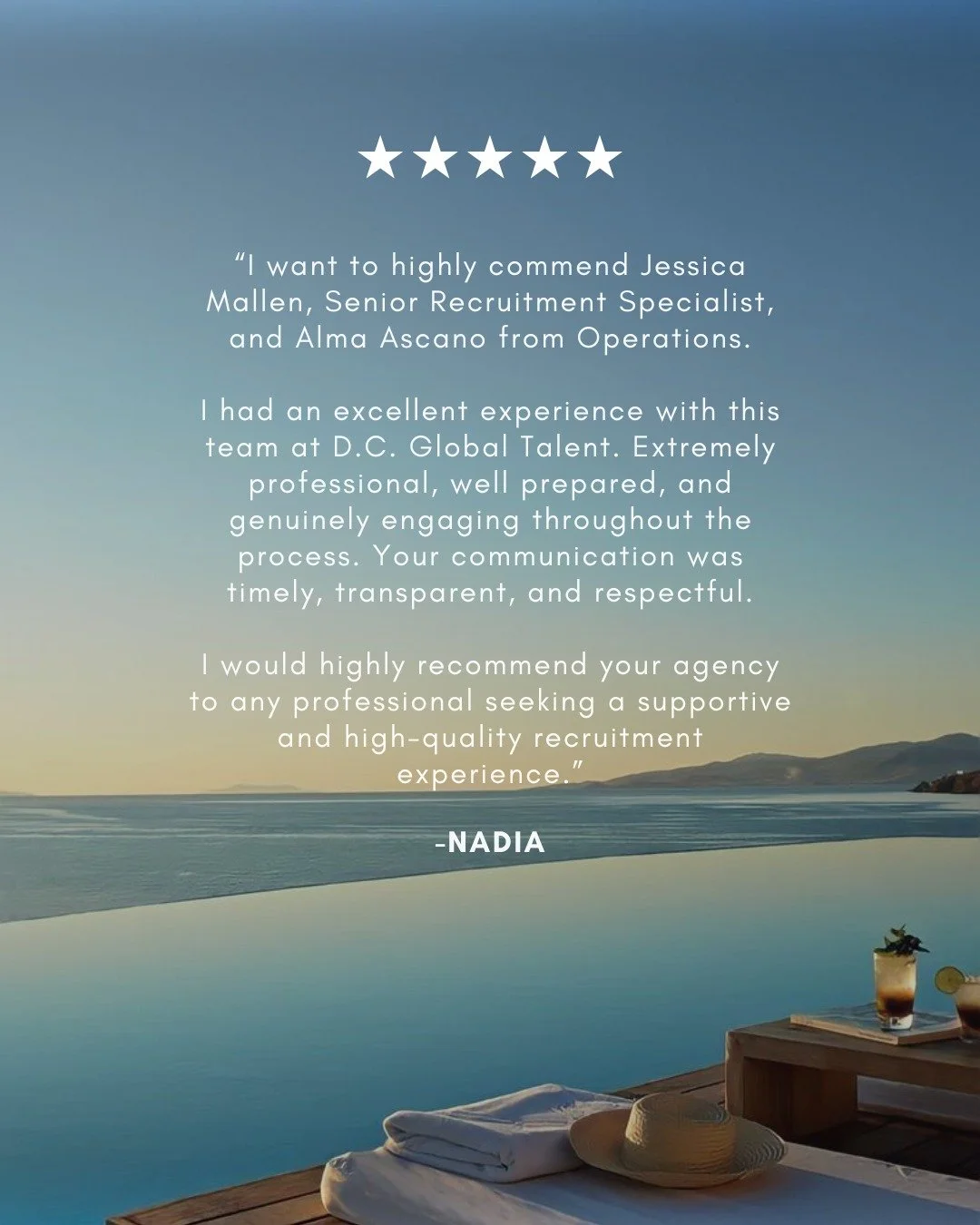 Nothing motivates us more than hearing from the people we serve. Smooth transitions, standout experiences, and meaningful growth!

These words remind us why we do what we do. Grateful for every candidate who trusts DC Global Talent with their next ch