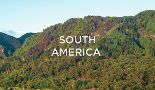 Green mountainous landscape with “South America” text overlay, representing hospitality markets served by DC Global Talent recruitment specialists.