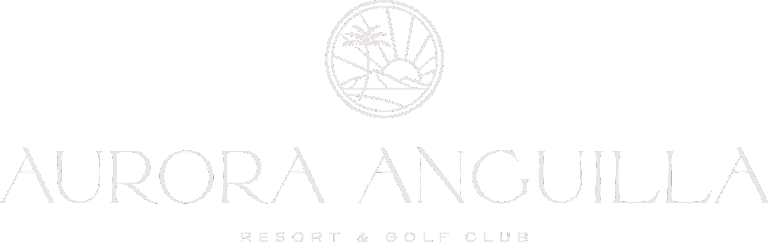 Aurora Anguilla Resort & Golf Club logo with a sunset and palm trees illustration.