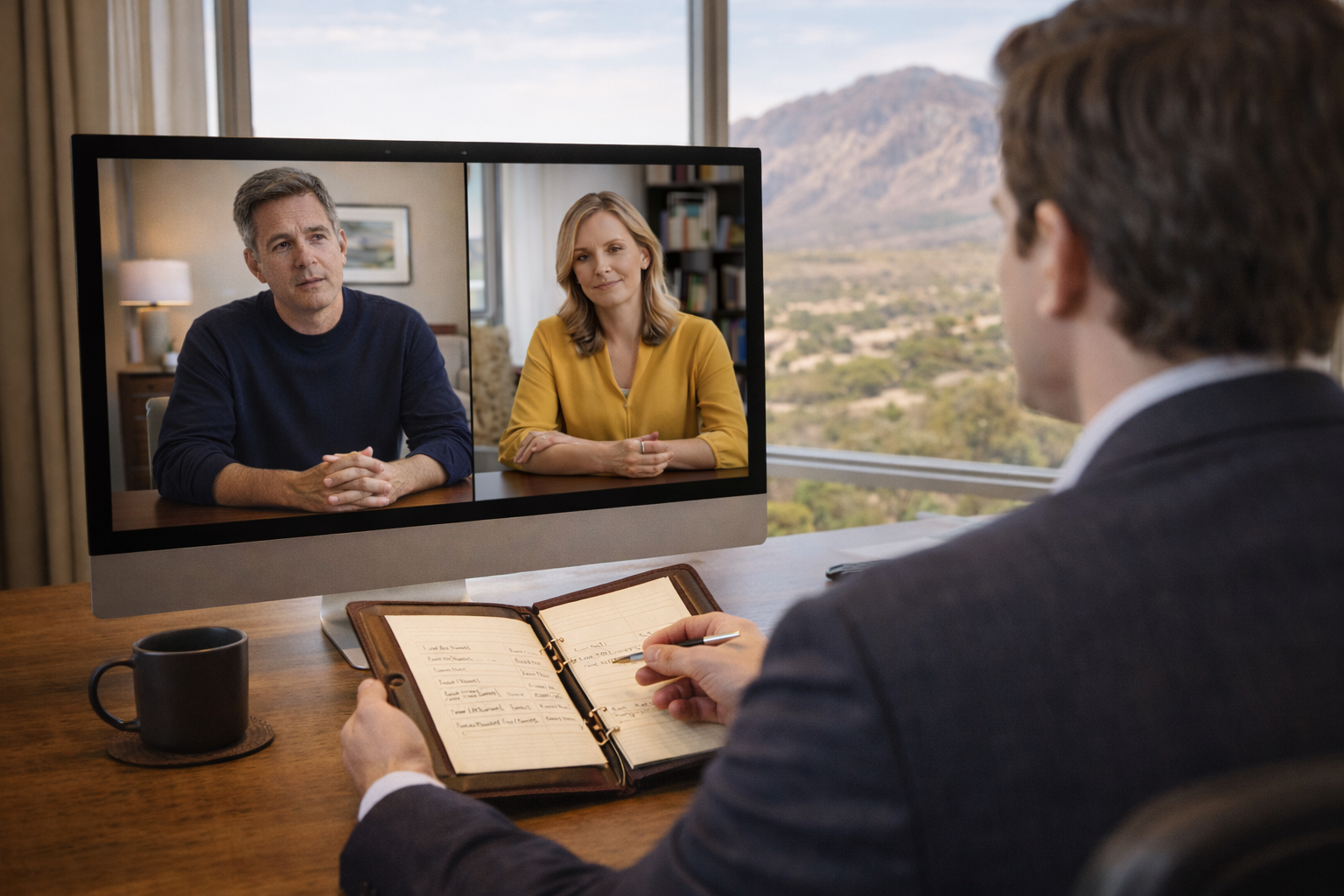 A man in a suit is on a video call with a man in a navy sweater and a woman in a yellow blouse, with a mountain view in the background.
