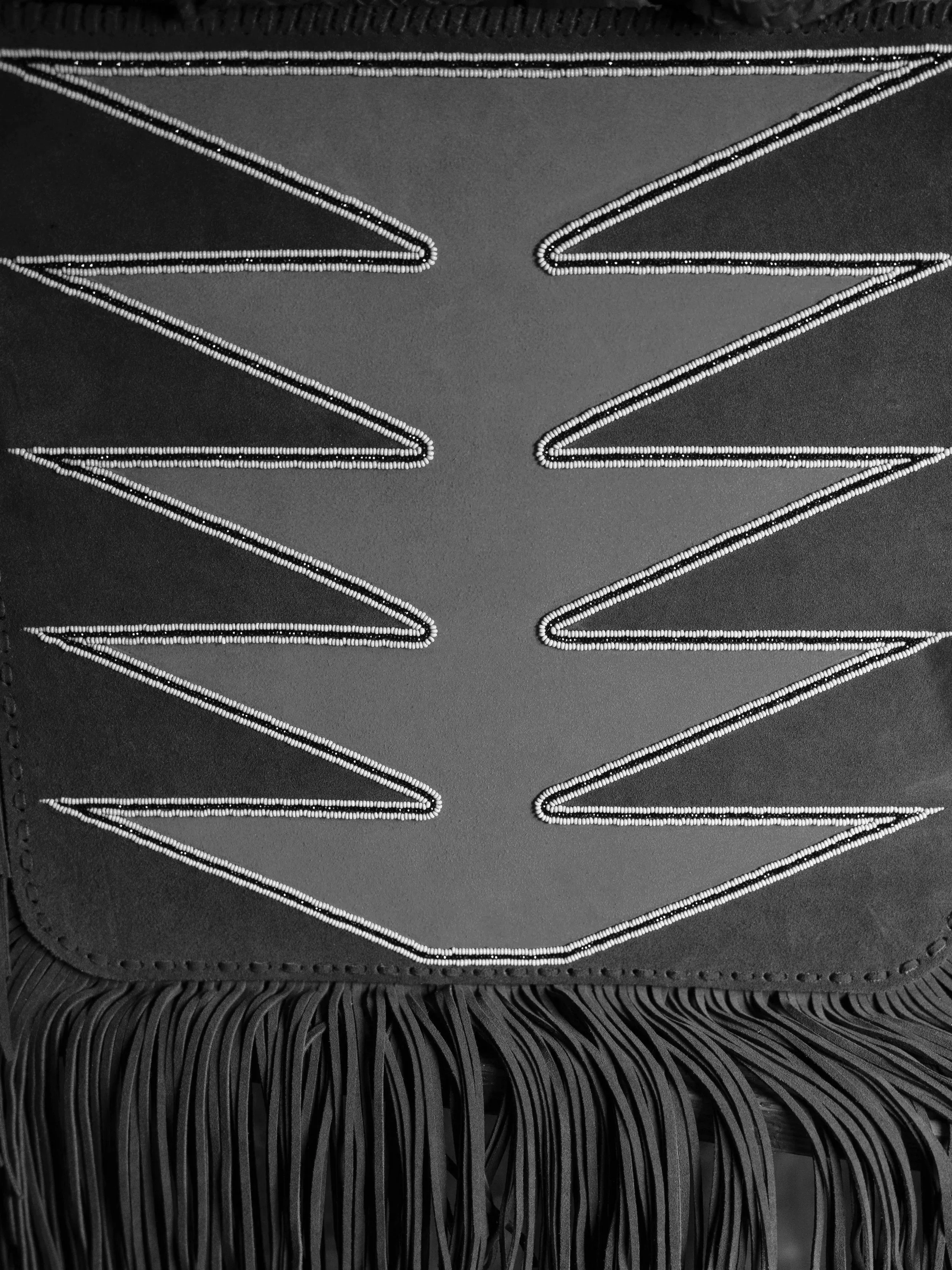 Close up on intricate beading using old Sioux blue beads from the 1800's on suede.