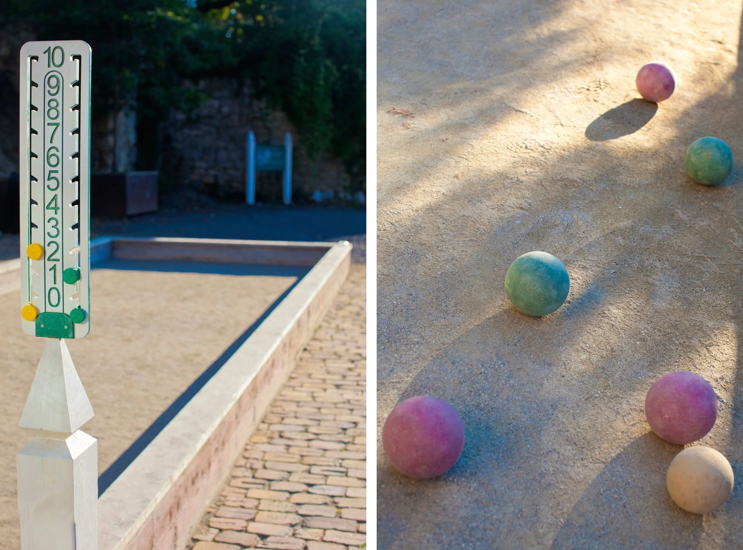 Side-by-side of a bocce court with a measuring device on the left and colorful bocce balls on a sandy playing surface on the right.