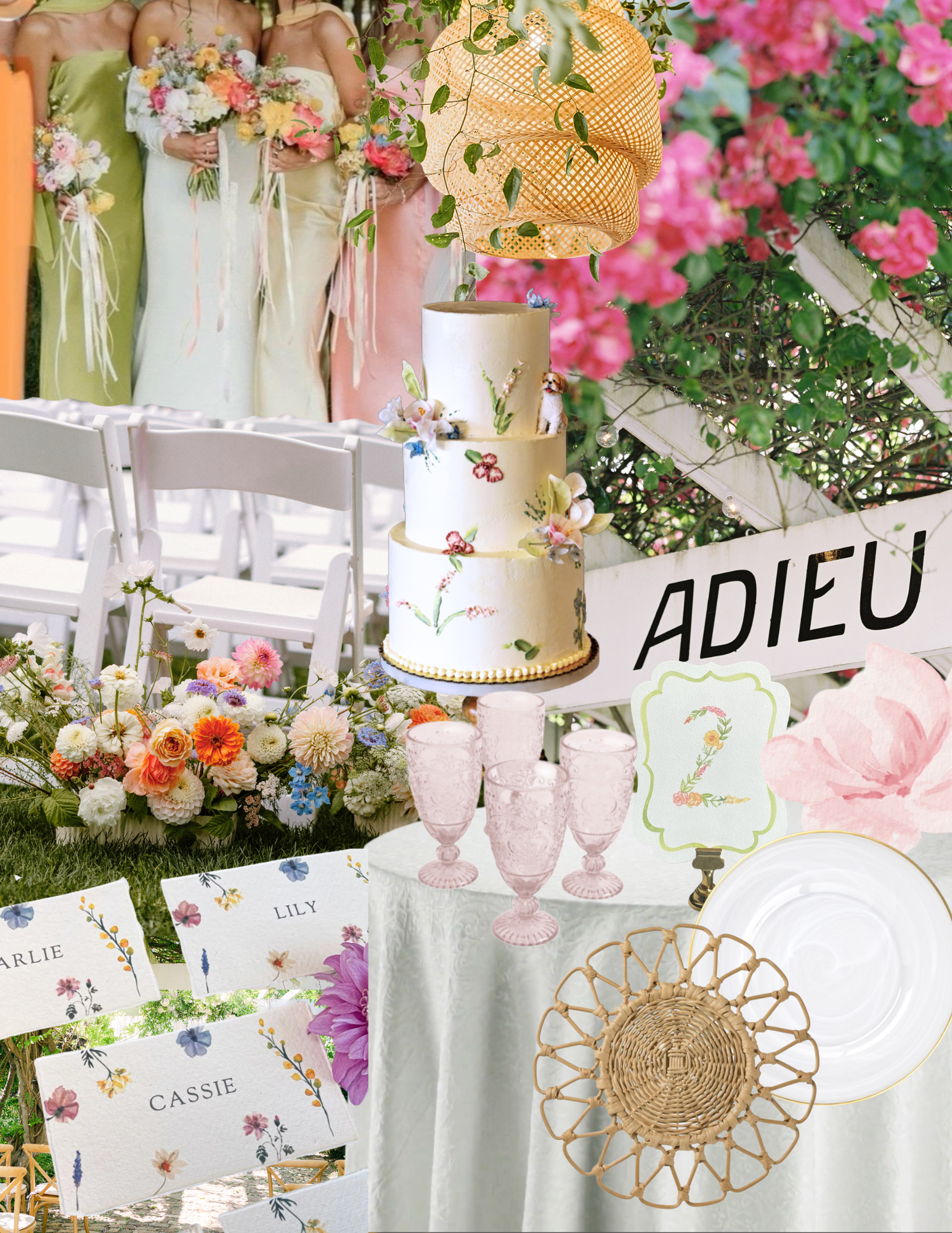Decorative outdoor wedding or celebration setup with floral arrangements, a tiered cake with floral decorations, pink glassware, and personalized name cards for Charlie, Lily, and Cassie, along with a white plate, rattan placemat, and an 'Adieu' sign under a floral canopy.