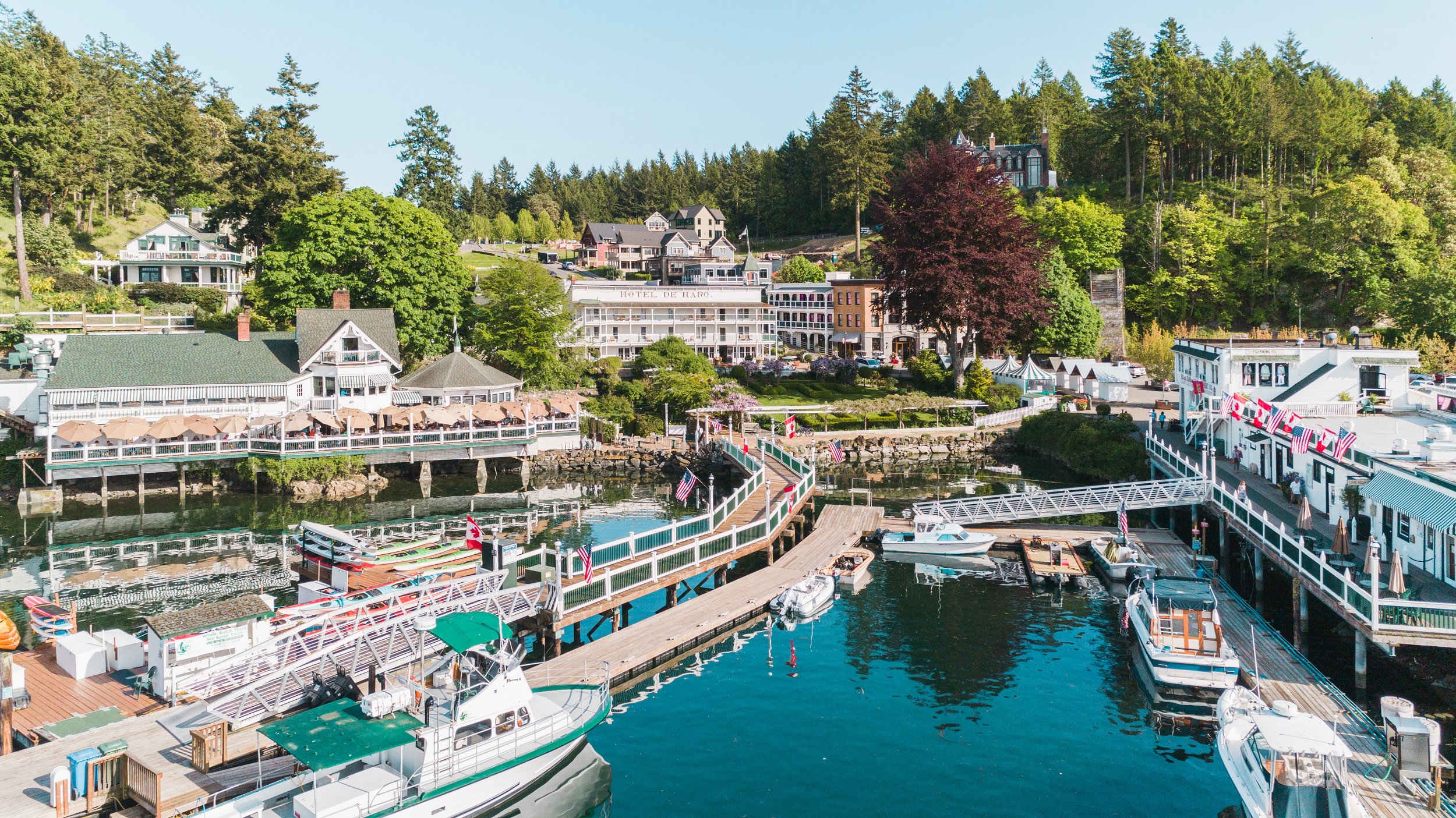 A scenic view of a harbor with docked boats, a pier, and surrounding buildings with flags, set on a hillside with lush green trees.