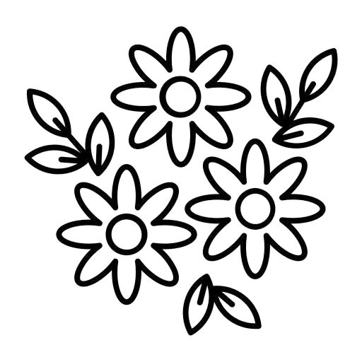 Outline drawing of three flowers with leaves.