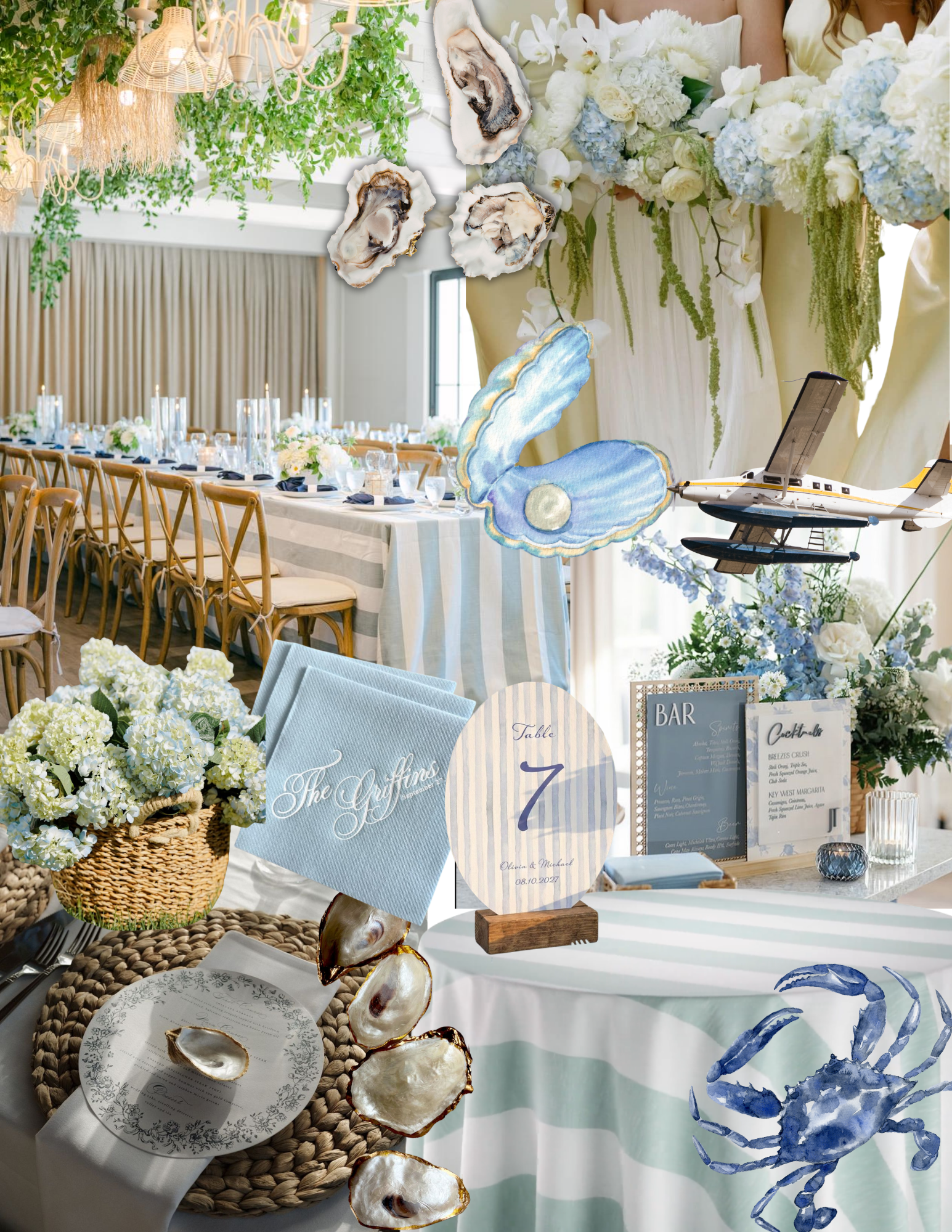 Decorative table setting with flowers, shells, and a watercolor crab scene at a wedding reception in a bright, elegant venue with long dining tables and lush greenery overhead.