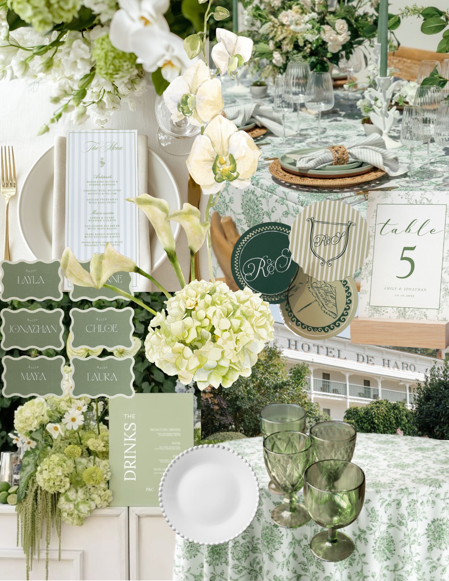 A table setting for a wedding or special event with white and green floral arrangements, place cards displaying guest names, a menu, clear and green glasses, and a table number sign. The background features a hotel building and a scenic outdoor view.
