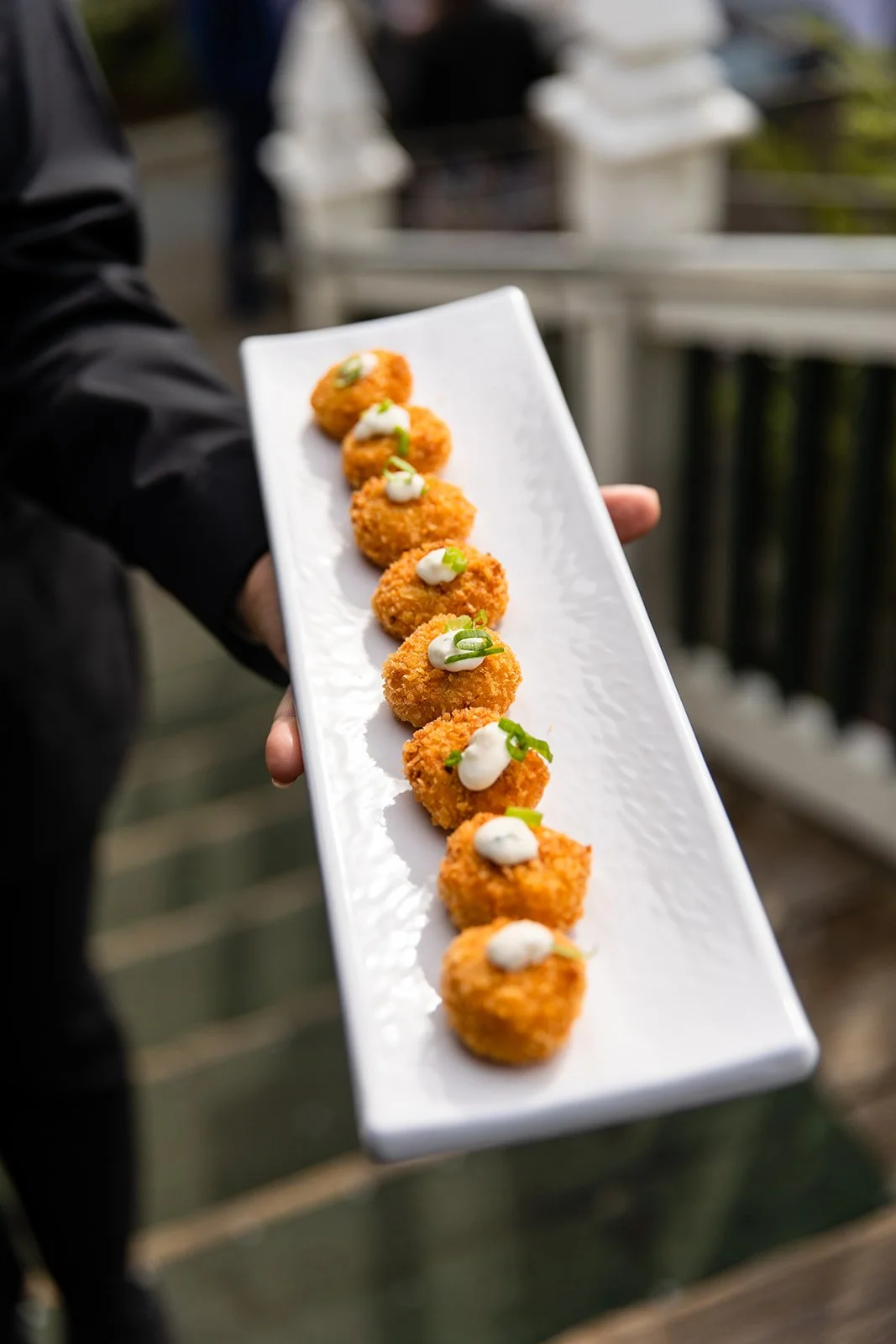A person holding a rectangular white plate with seven fried appetizers topped with white sauce and chopped green onions.