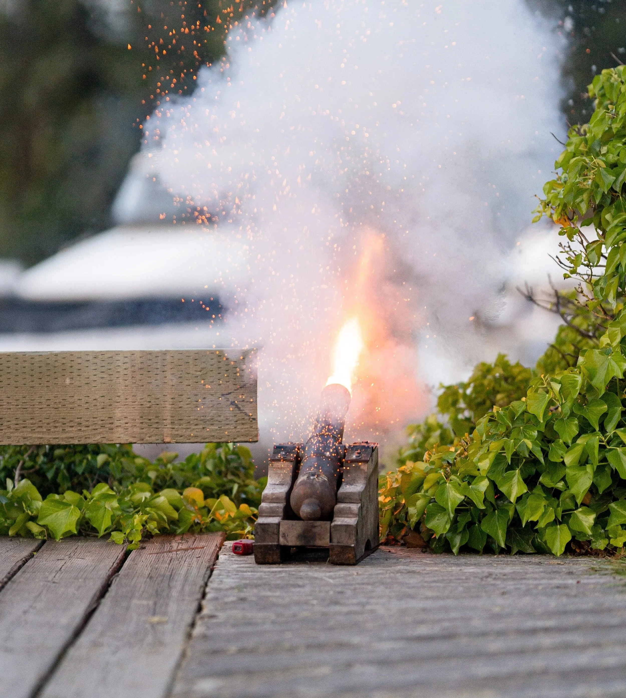 A fireworks-like device on a wooden surface is exploding, creating bright sparks and smoke amid green foliage.