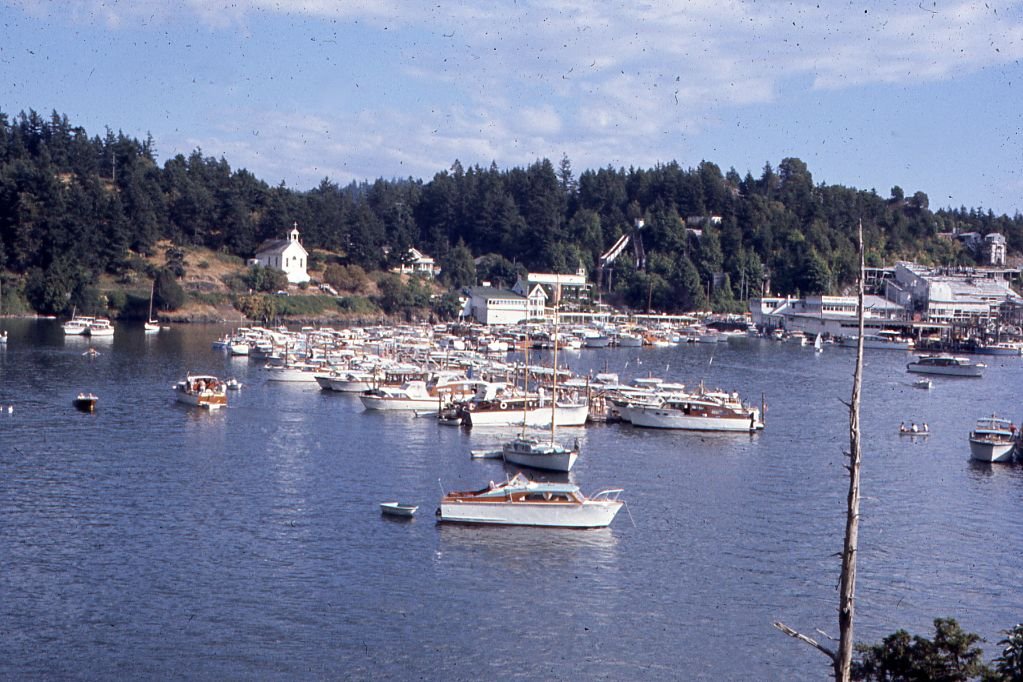 A harbor filled with numerous boats and yachts on calm water, surrounded by trees and buildings, with a small white church on a hill in the background.