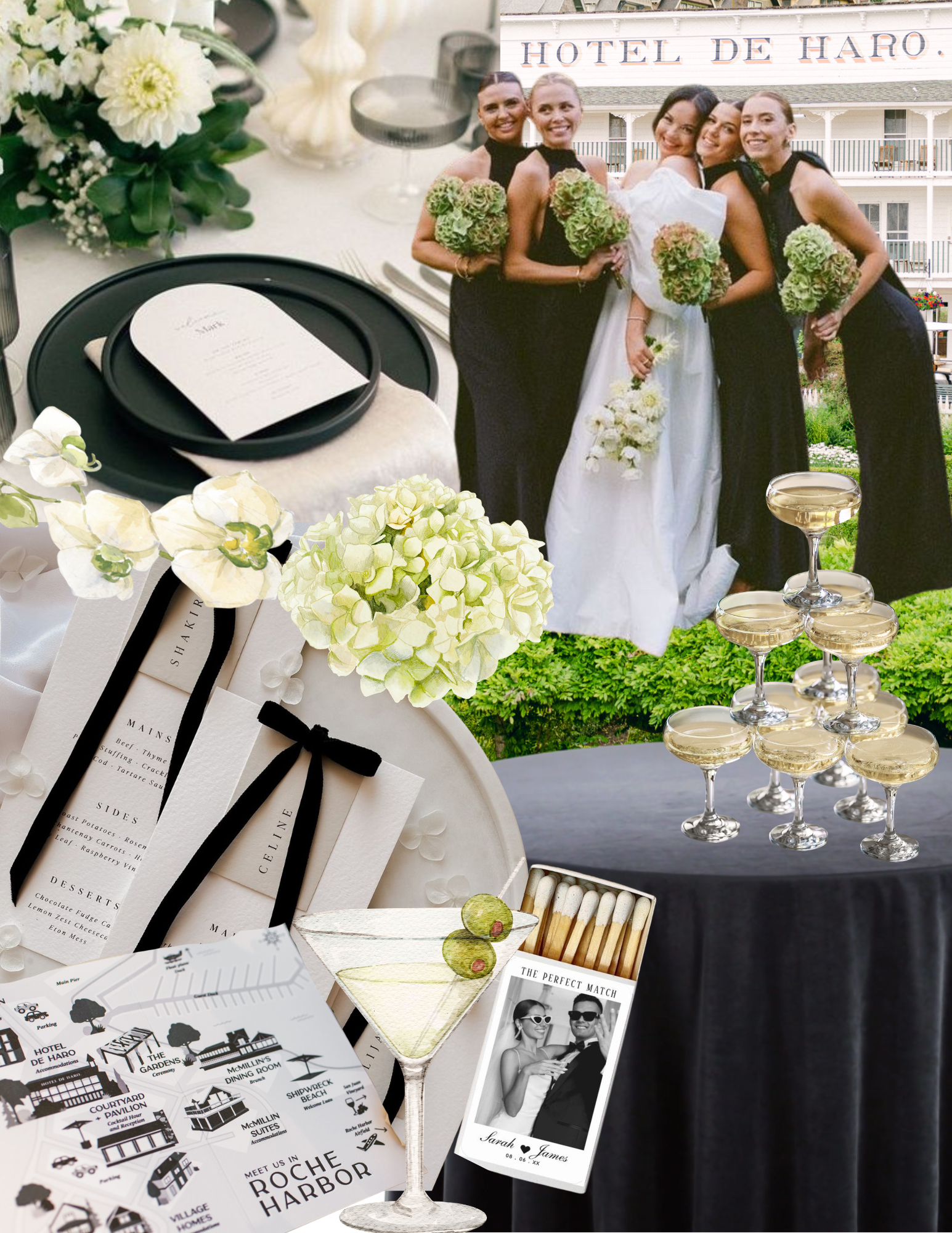 A wedding reception setup with flowers, a menu, a cocktail with olives, matchsticks, and a photo booth sign, with a group of women in black dresses and a bride in a white wedding gown holding bouquets, and a pyramid of champagne glasses, with a group photo of the bride and a man in sunglasses displayed.