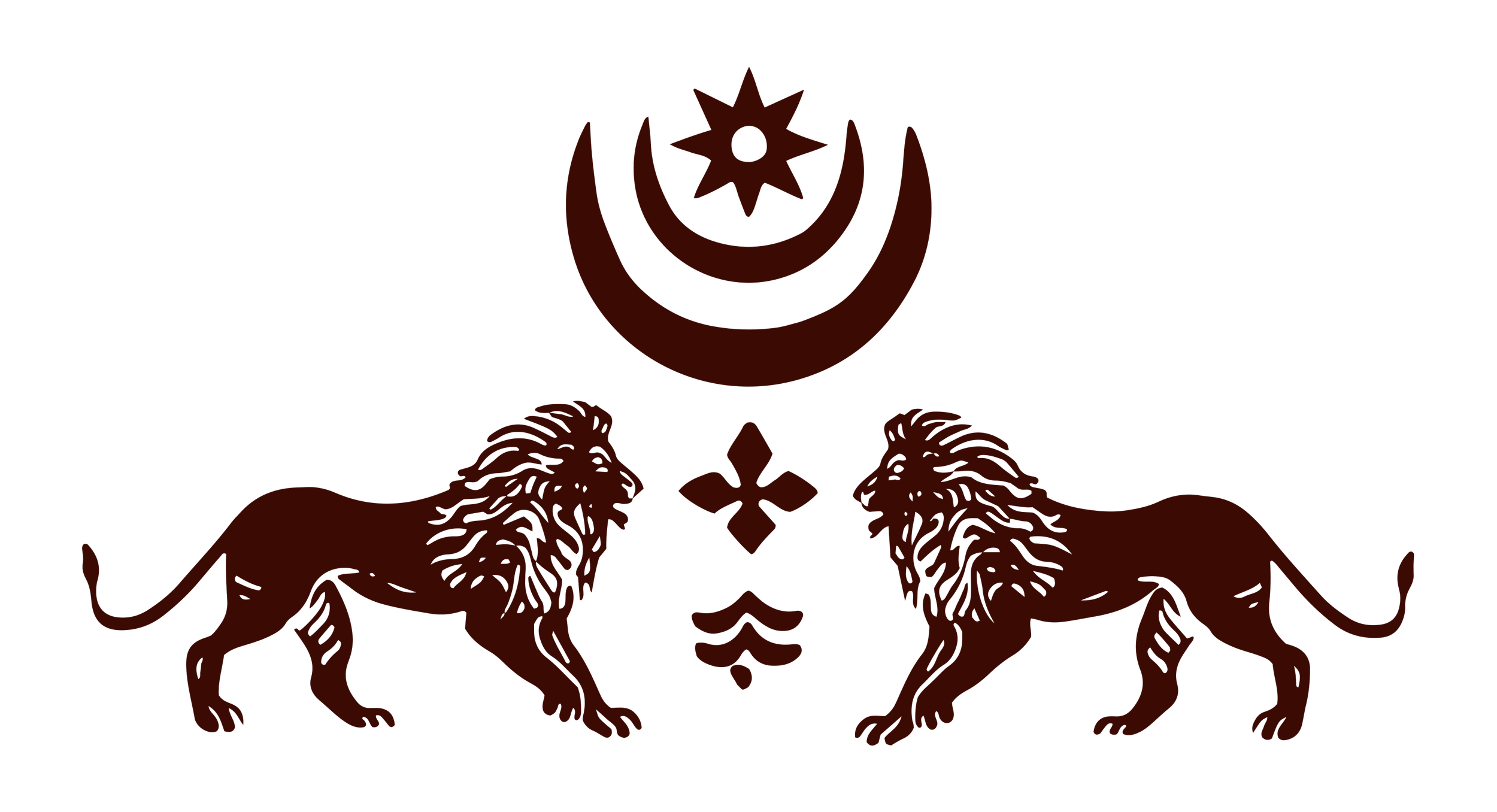 Flag with two lions facing each other beneath a crescent moon and star symbol.