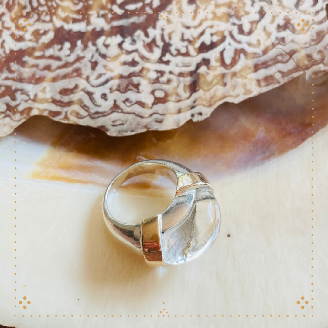 Close-up of a silver ring with a split design on a light-colored surface, with part of a textured, patterned shell or coral and a blurred background.