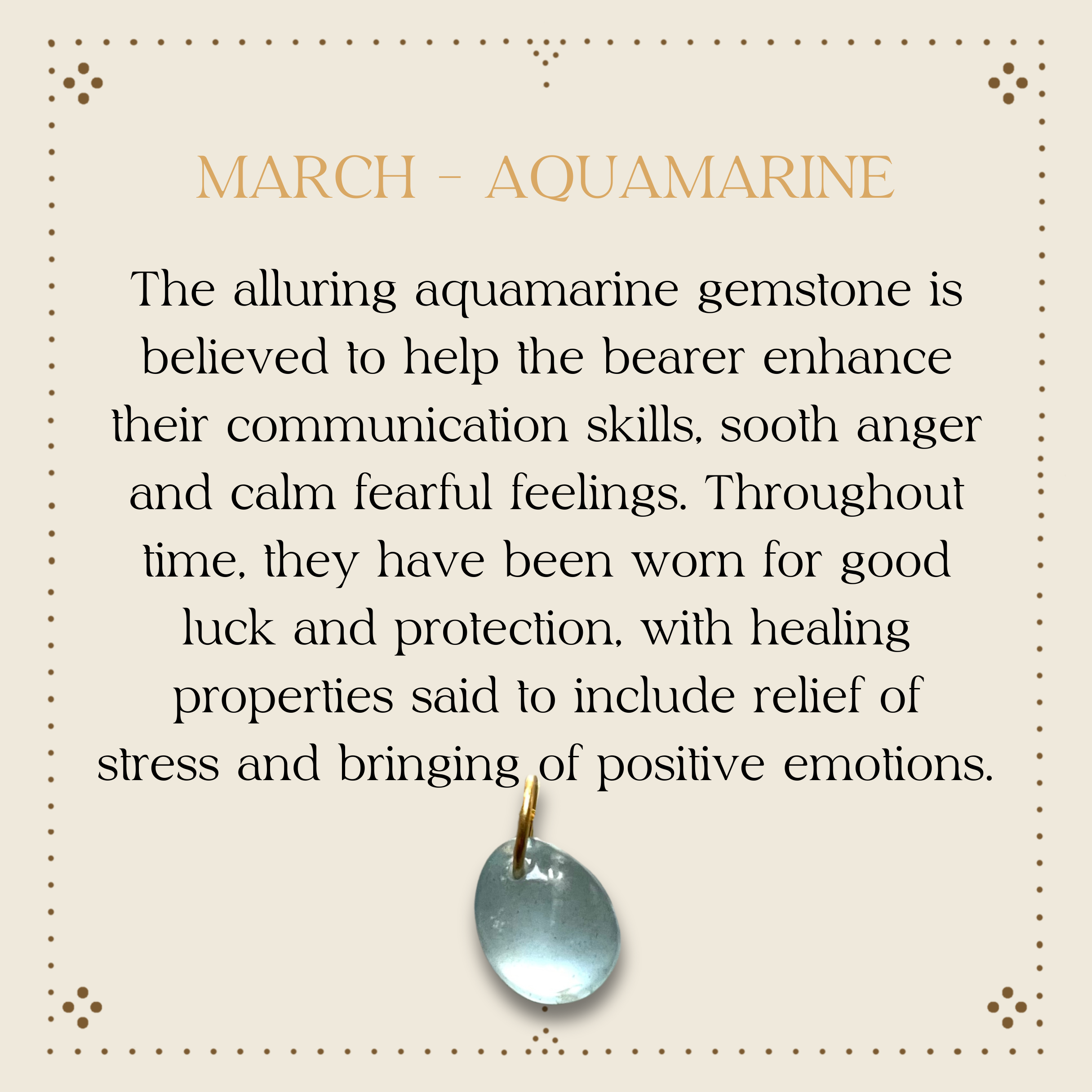 A beige informational card about aquamarine gemstone, with a small aquamarine gemstone pendant attached at the bottom center.