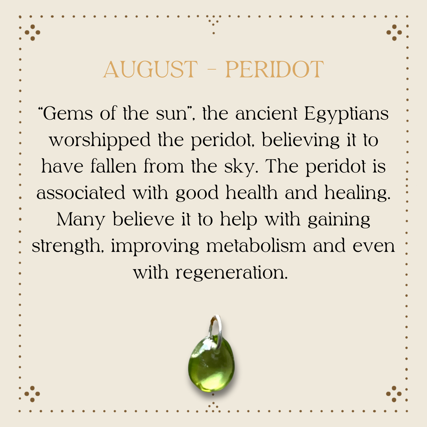 A decorative informational card about peridot, a green gemstone, with a cream background, gold and black text, and a small image of a peridot gemstone pendant at the bottom center.