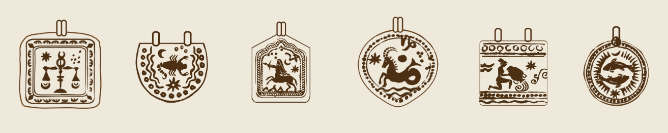 Seven zodiac-themed hanging ornaments featuring symbols of the Libra scales, Scorpio scorpion, Sagittarius horse archer, Capricorn goat-fish, Aquarius water bearer, and Pisces fish, in a minimalist, line-art style.