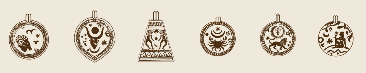 Six brown-themed circular and shield-shaped zodiac pendants with tribal patterns and symbols, featuring various animal and mythological motifs.