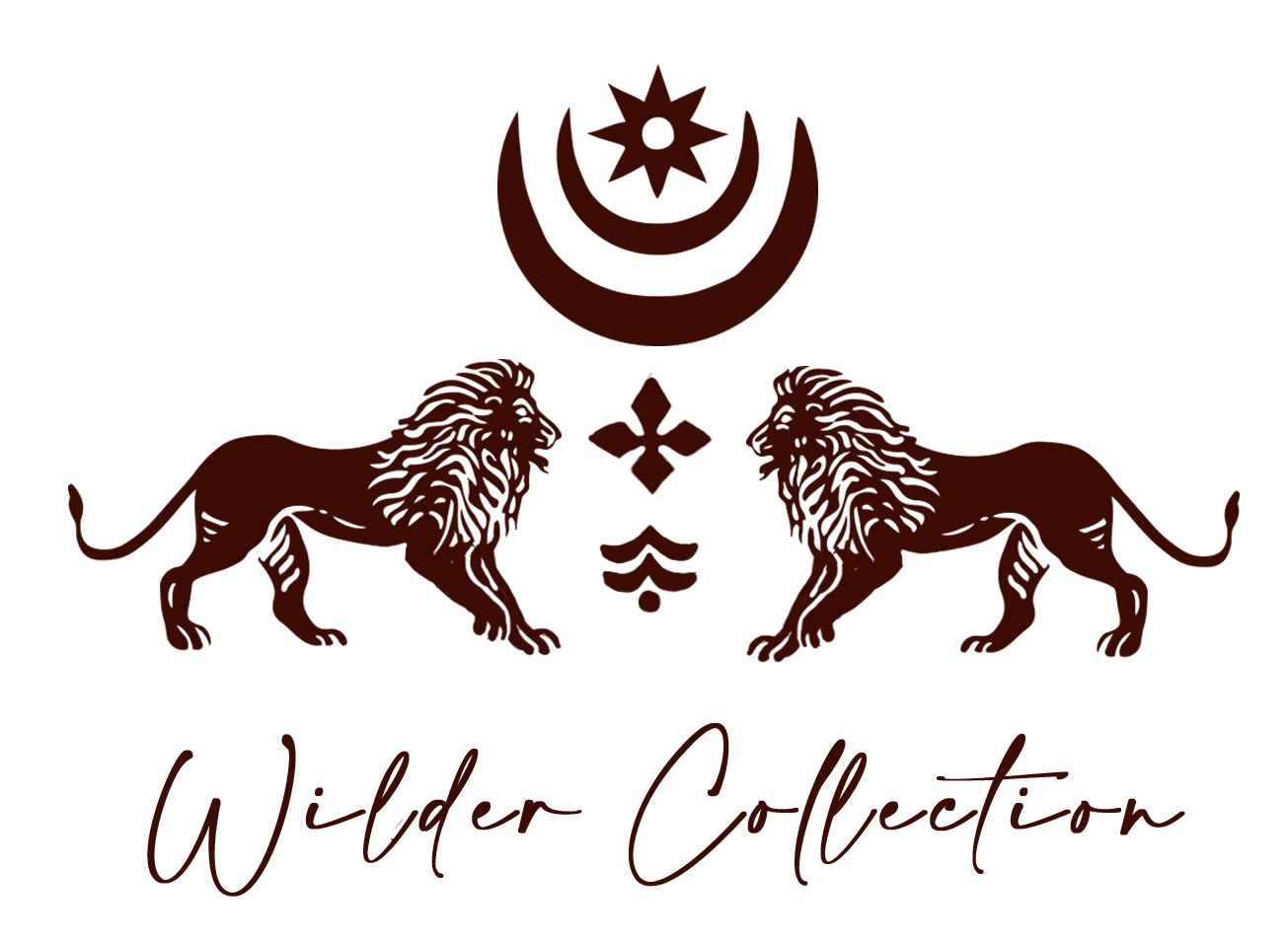 A logo with two lions facing each other beneath a Islamic crescent moon and star, with the text "Wilder Collection" written below.