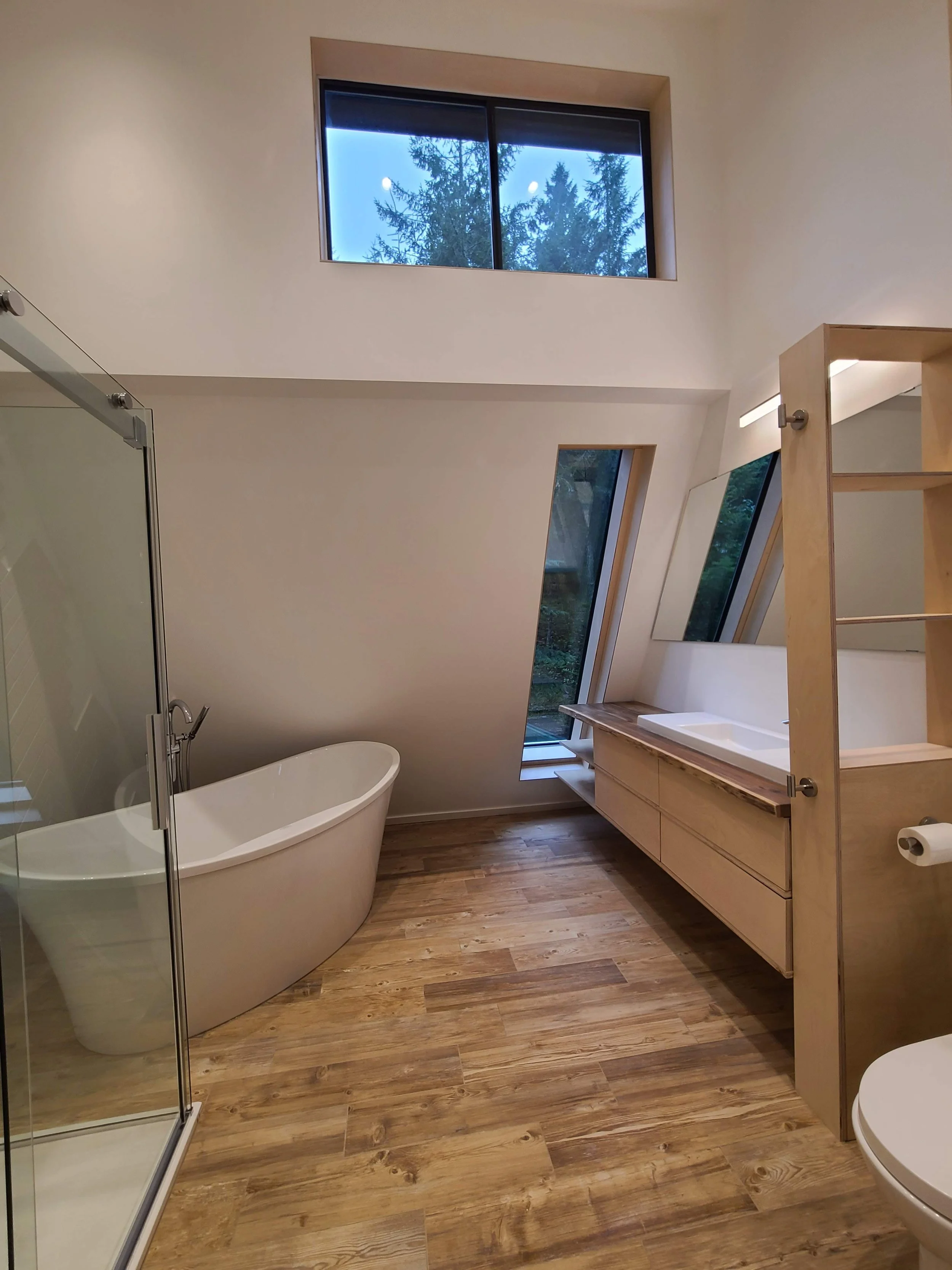 Bathroom Reno - so much here - on top of detailed design I custom made the vanity, cabinet and closet doors