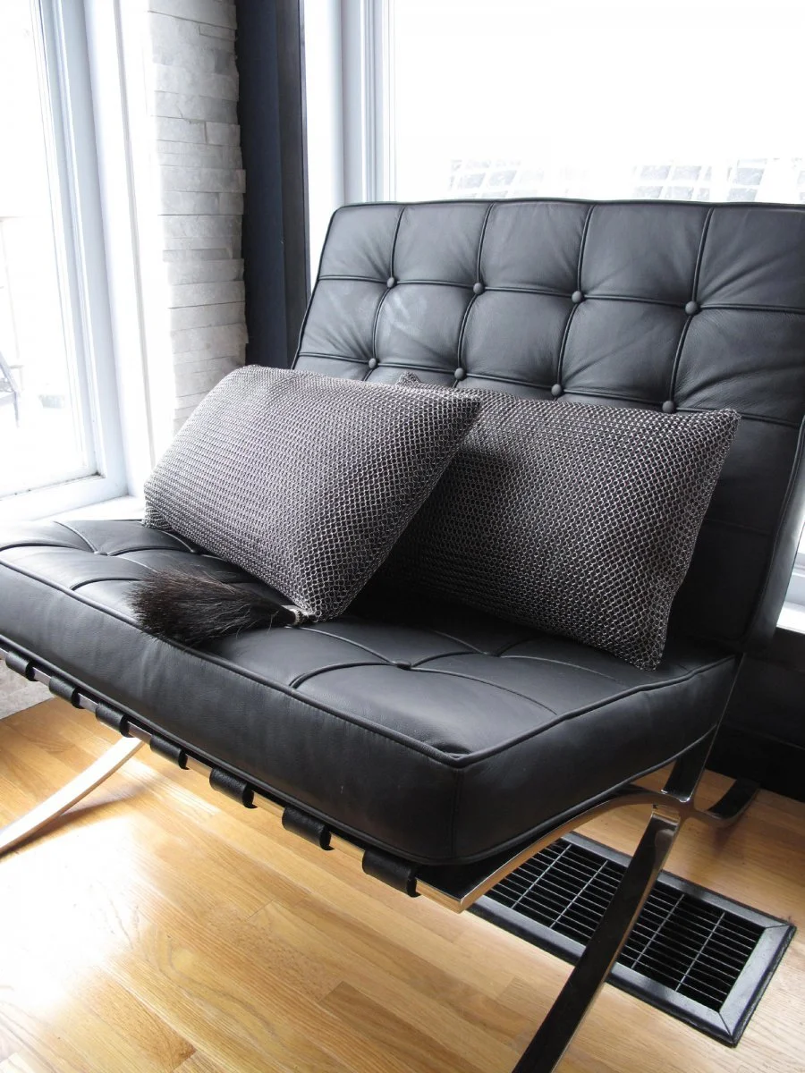 Lumbar Cushions made for an interior deisgner using machine made welded stainless steel chainmail