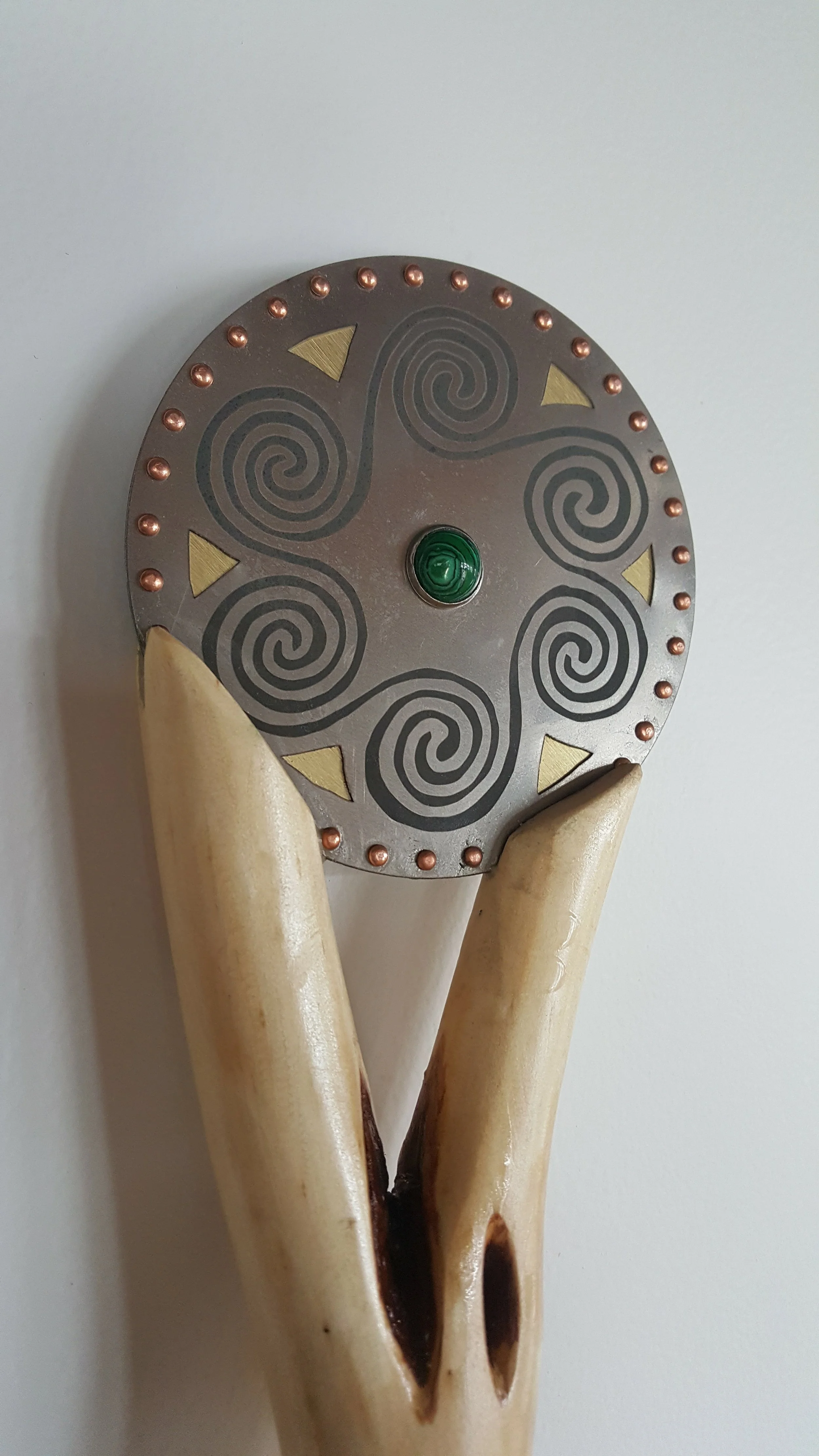 Bardic Staff Regalia made for SCA Barony of Myrgan Wood - laser cut and etched, inset stone and finished staff