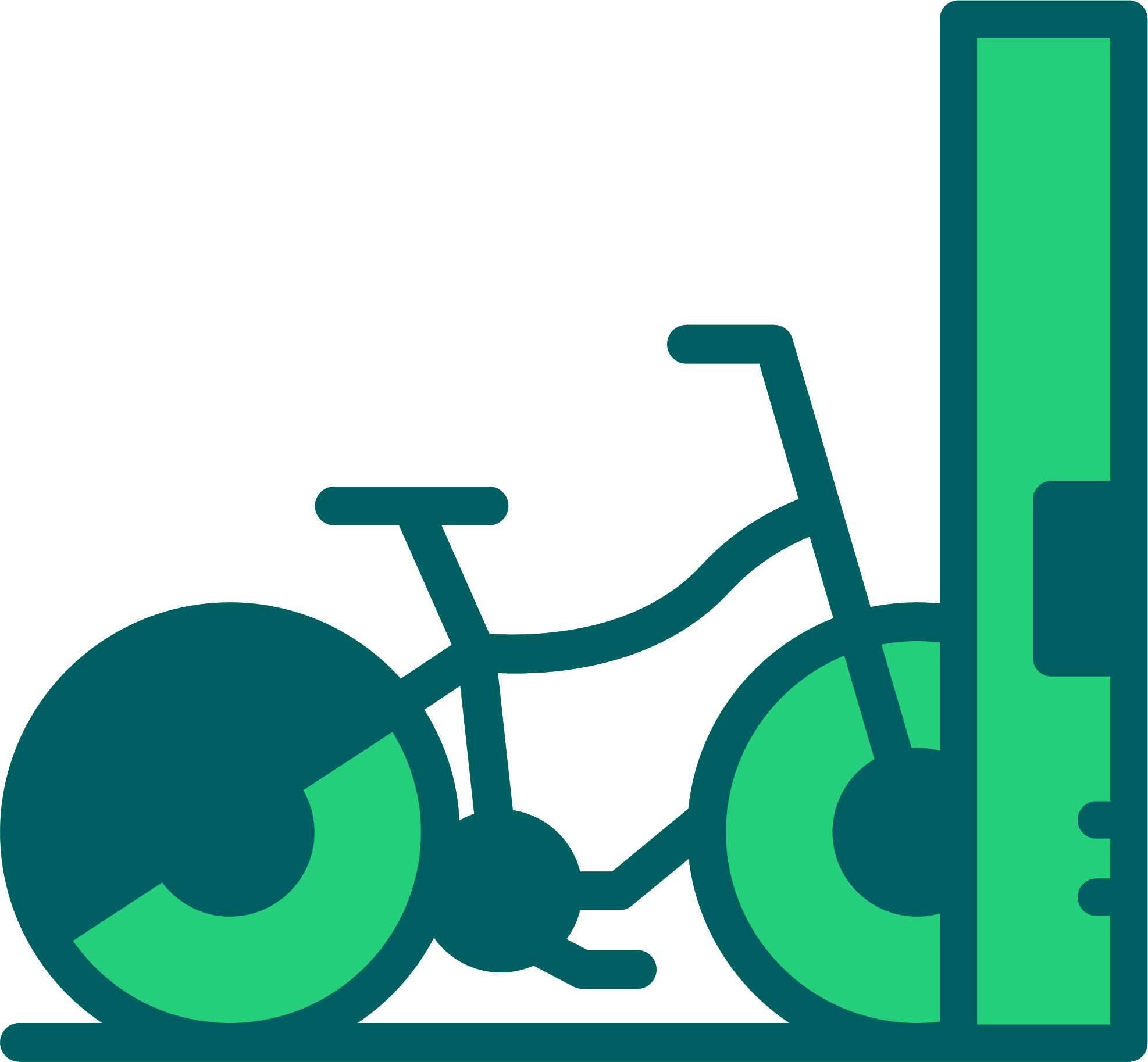 Illustration of a bicycle with a large dollar sign in front of it and a bar chart behind it.