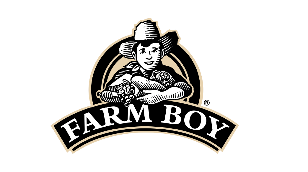 Black and white logo of a young boy wearing a cowboy hat, holding a basket of vegetables, with the text 'FARM BOY' underneath.