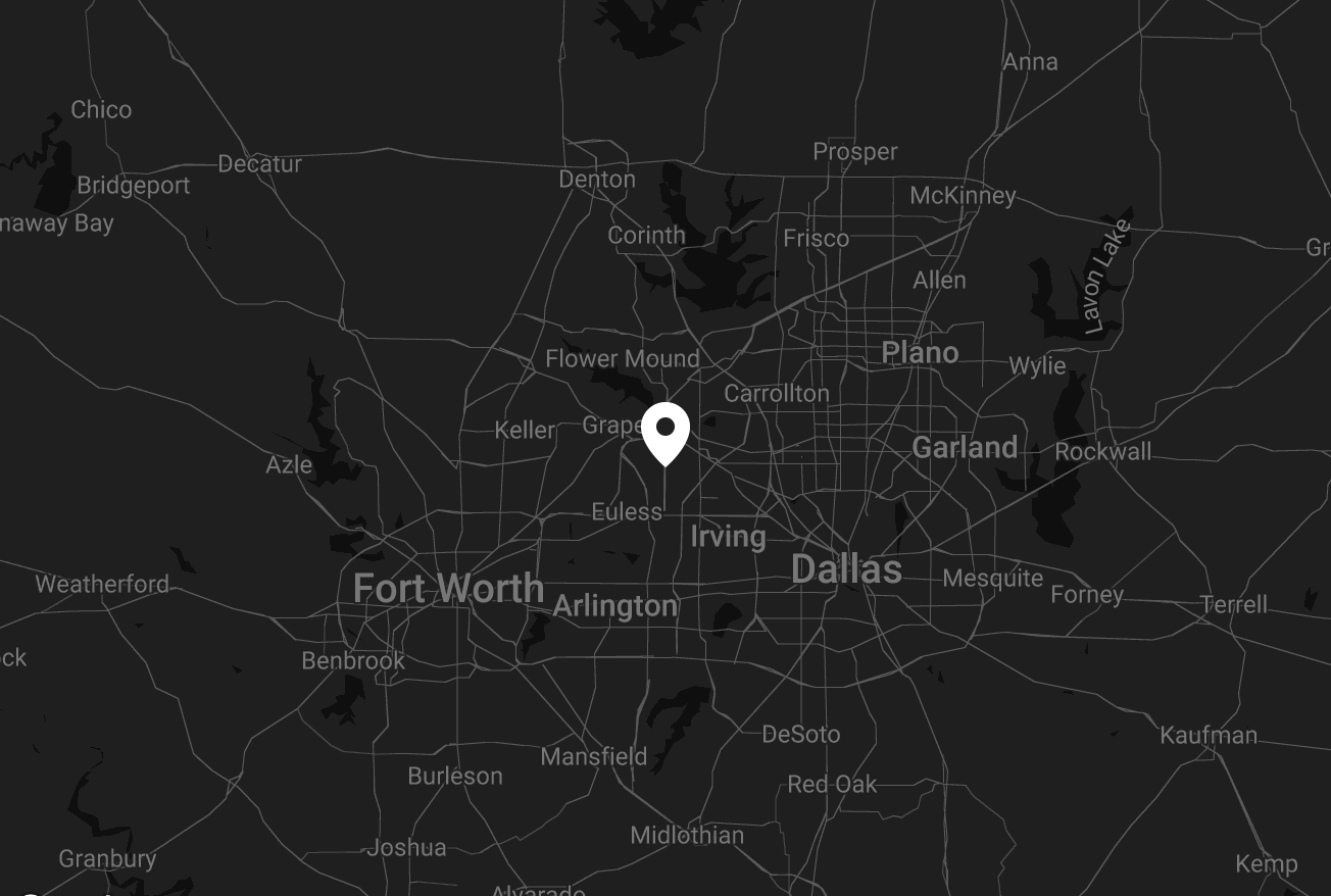 Map of the Dallas-Fort Worth area in Texas, showing city names and a location marker near Grapevine.