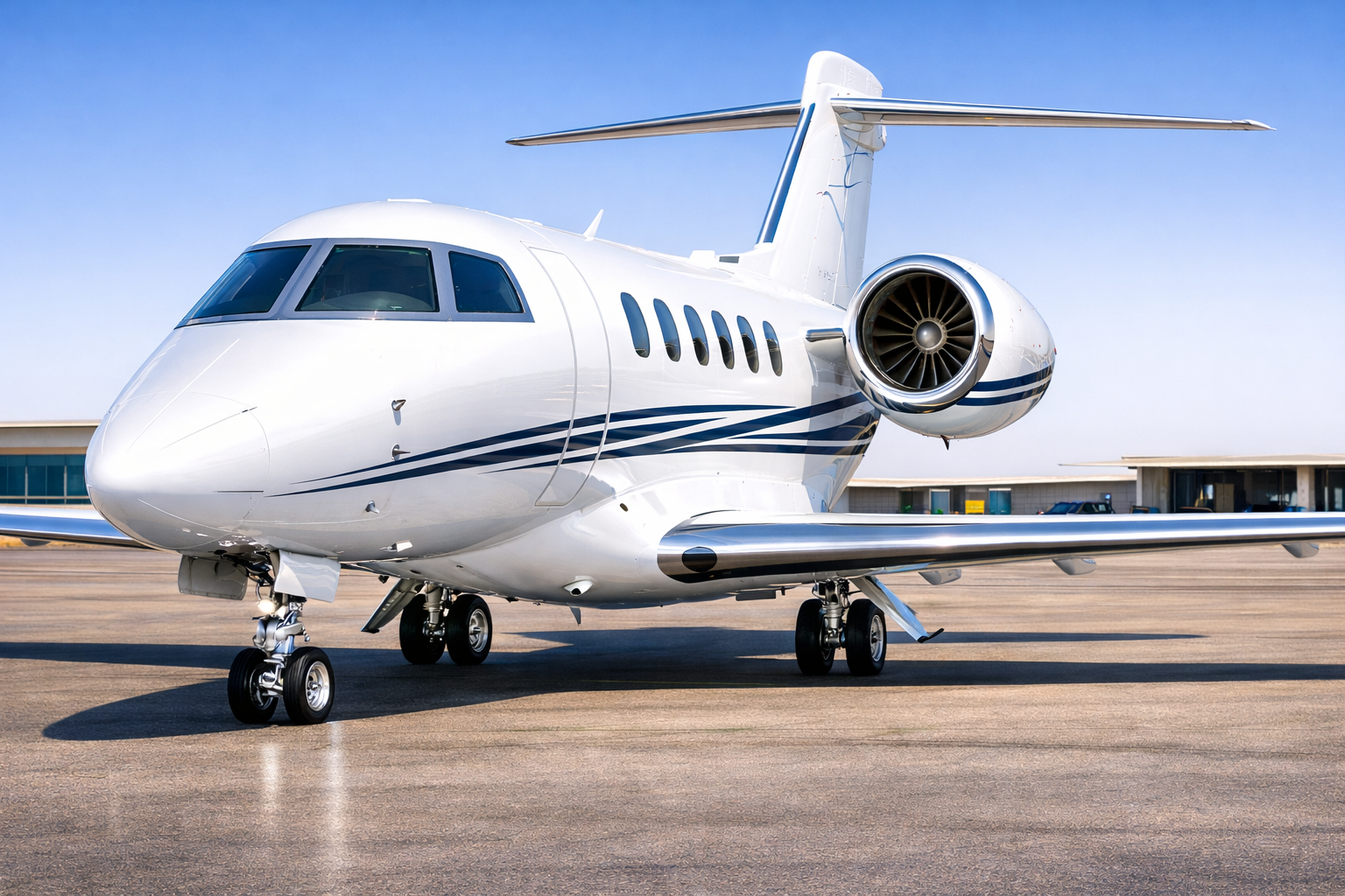 A white private jet airplane on a tarmac at an airport with blue sky in background.