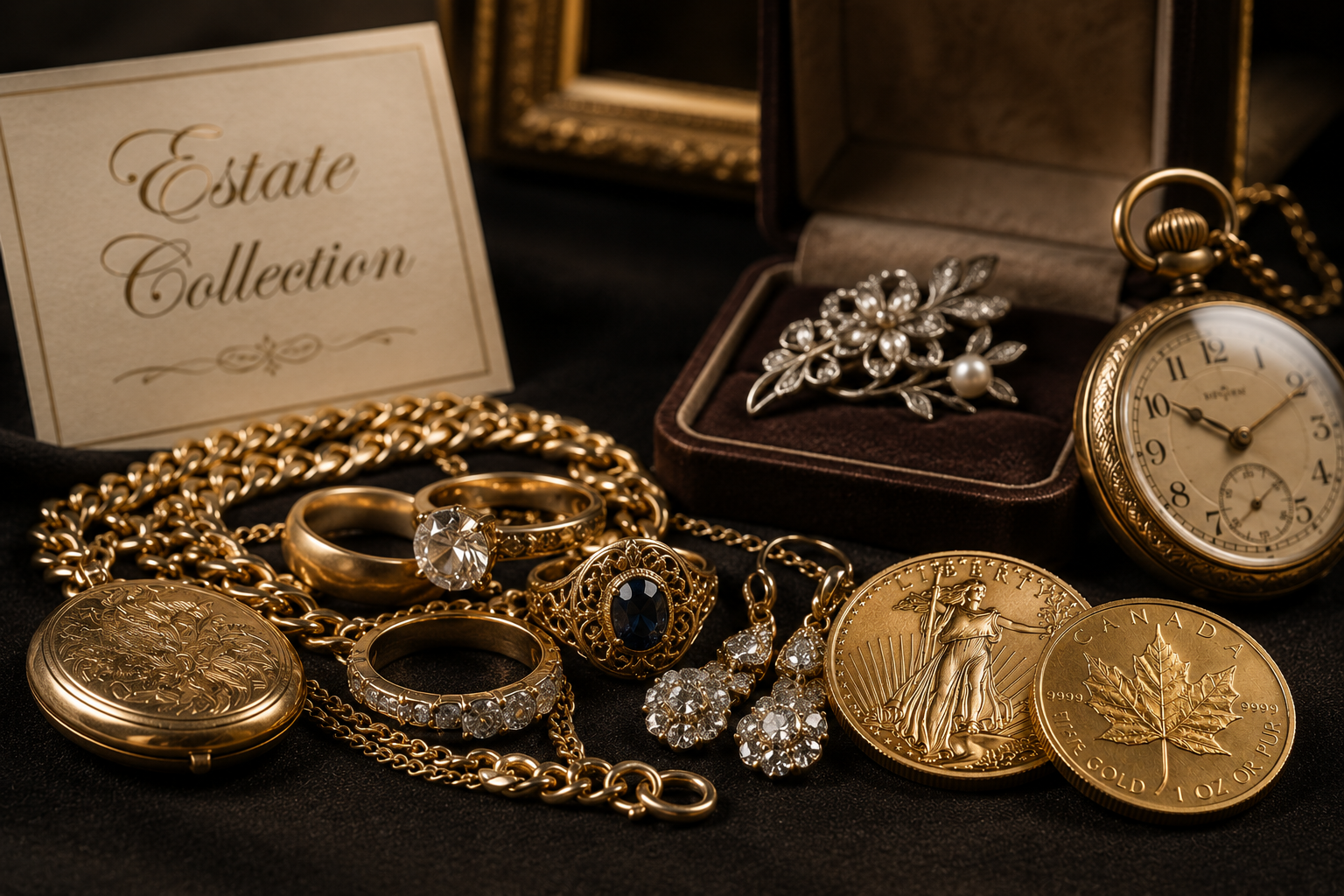 Collection of gold and silver jewelry including rings, necklaces, earrings, a brooch, and pocket watch, with a sign reading 'Estate Collection' and coins, all displayed on black fabric.