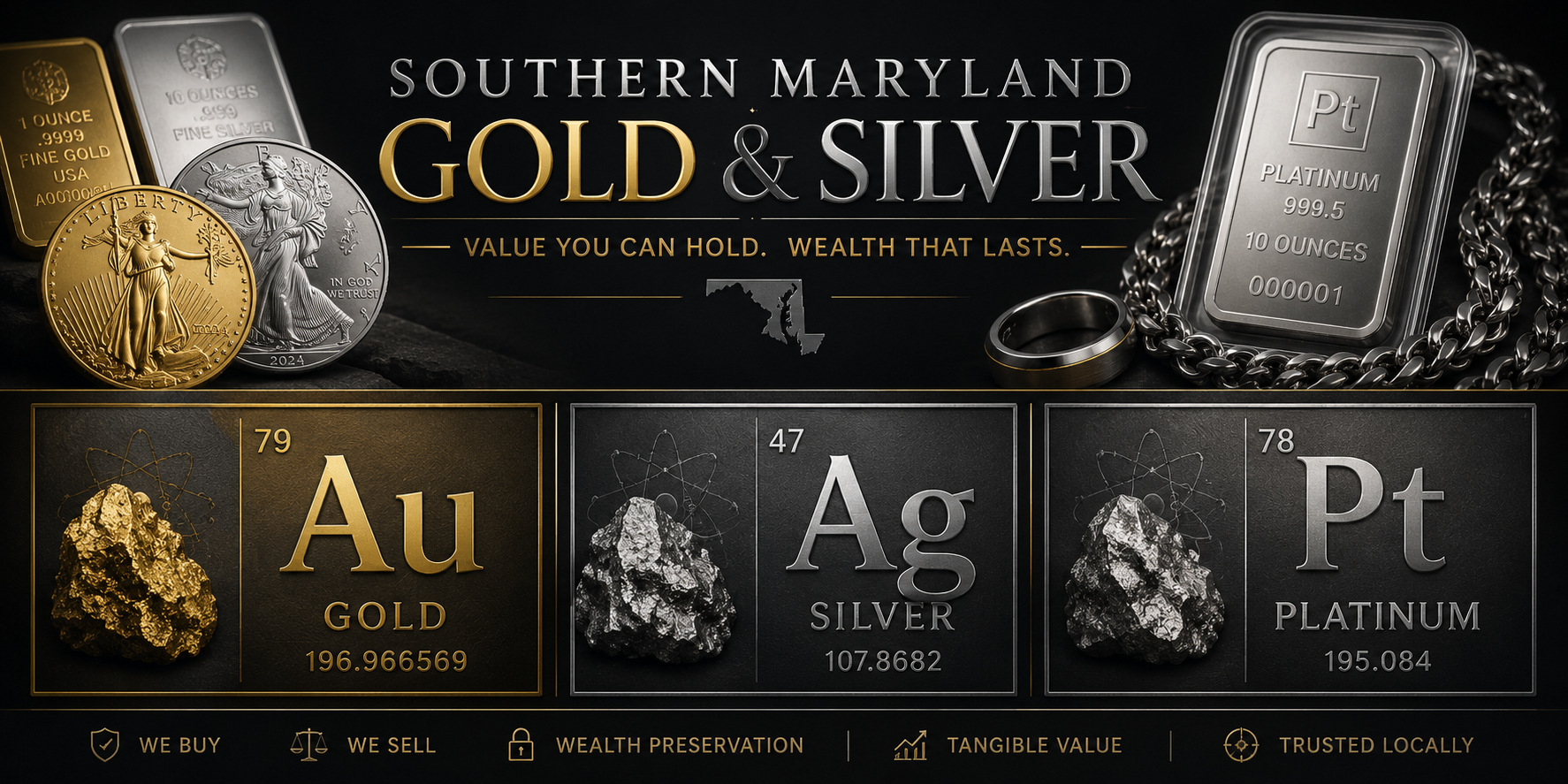 Southern Maryland Gold & Silver appointment-only precious metals banner featuring investment-grade gold silver and platinum bullion with periodic table inspired branding