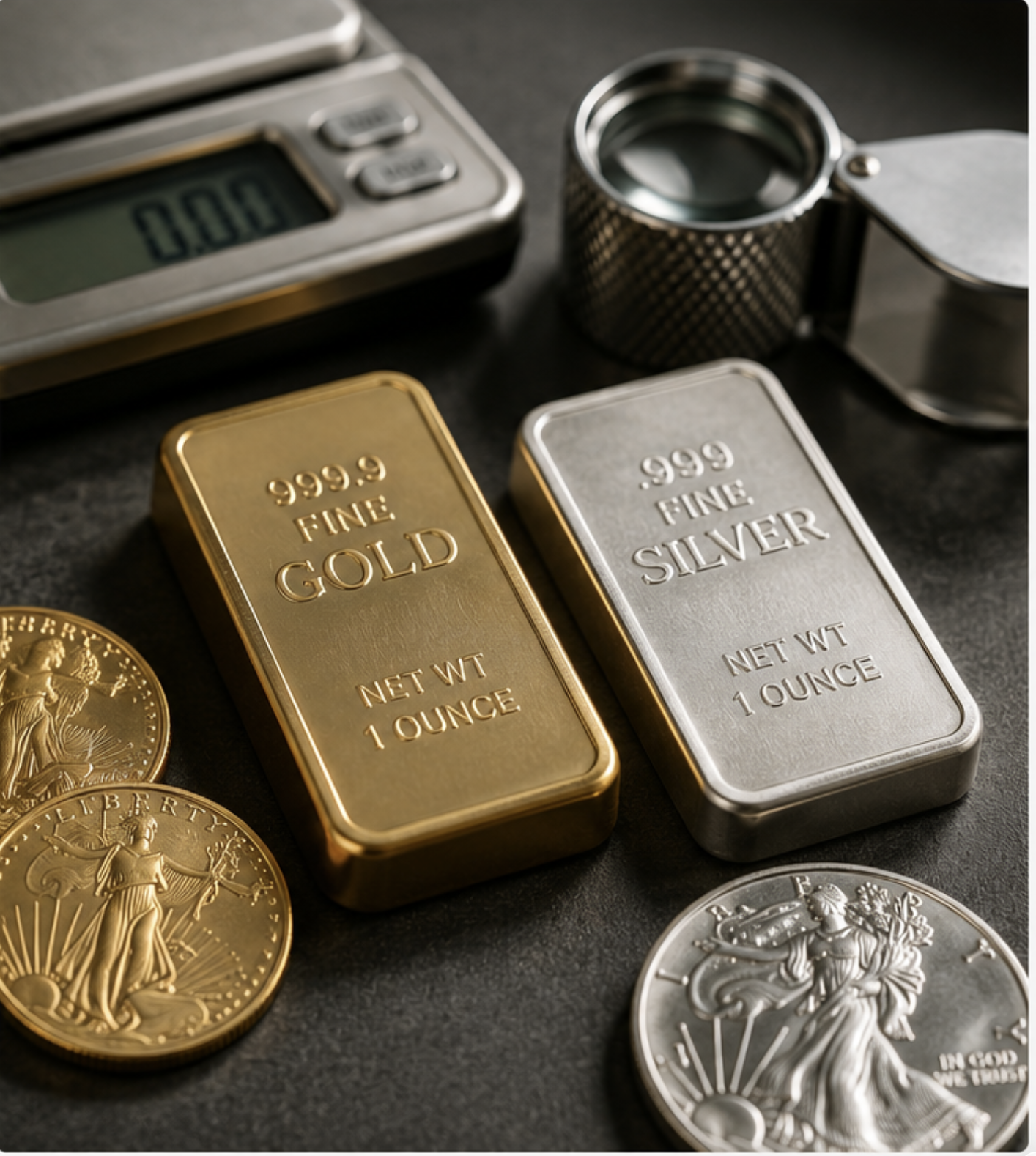 Gold and silver bullion bars with Sigma Metalytics precious metals verification tools at Southern Maryland Gold & Silver