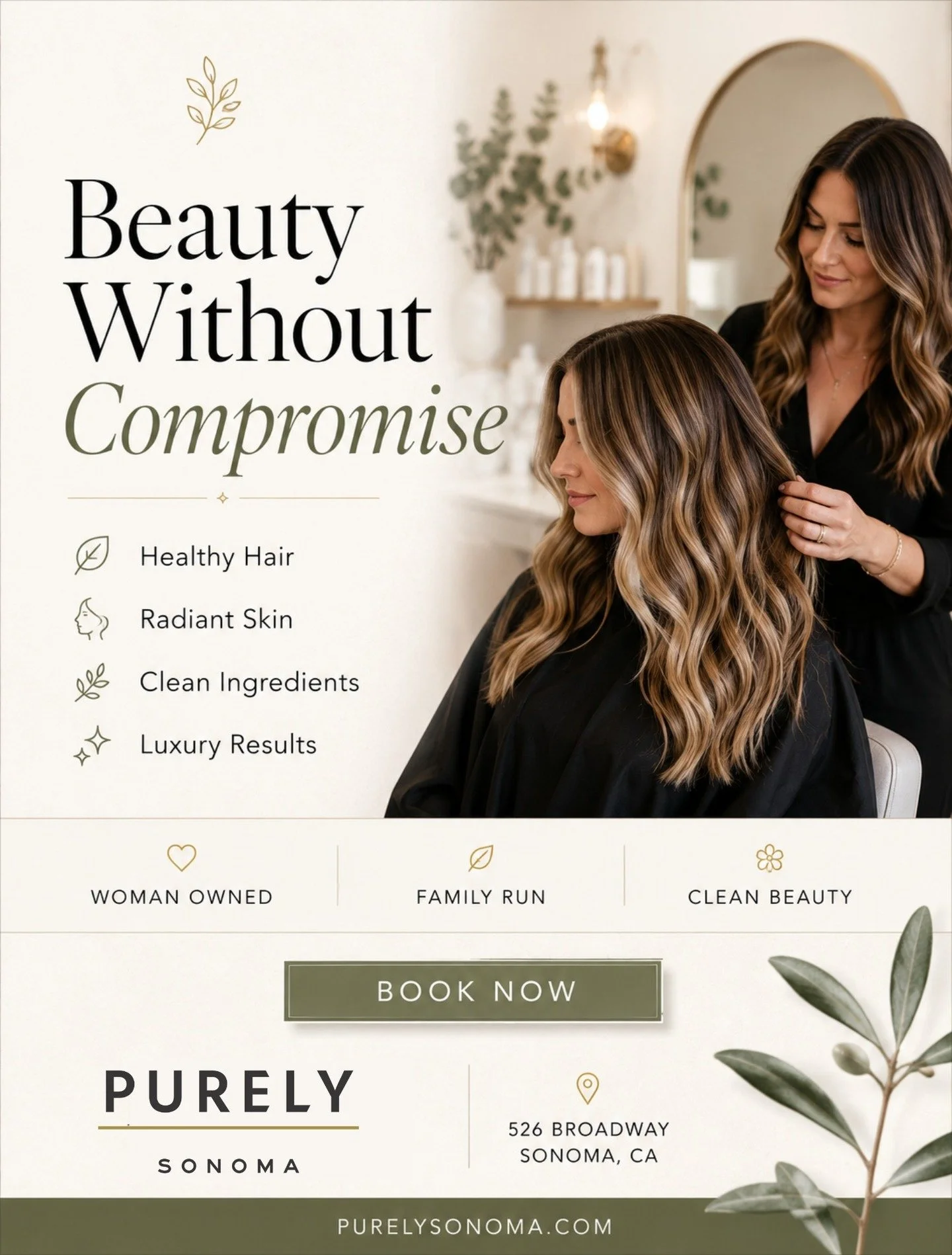 Luxury doesn't have to come at the expense of your health&mdash;or the planet.

At Purely Sonoma, we believe beautiful hair, radiant skin, and conscious beauty can exist together. Every service is thoughtfully performed using carefully selected clean