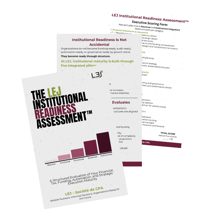 Deux documents de l'évaluation de la préparation institutionnelle avec le titre "THE LEJ INSTITUTIONAL READINESS ASSESSMENT" en anglais. Le premier présente un graphique en barres progressant de réactif à institutionnel, et le deuxième détaille les critères d'évaluation, comme la maturité institutionnelle et les piliers intégrés.