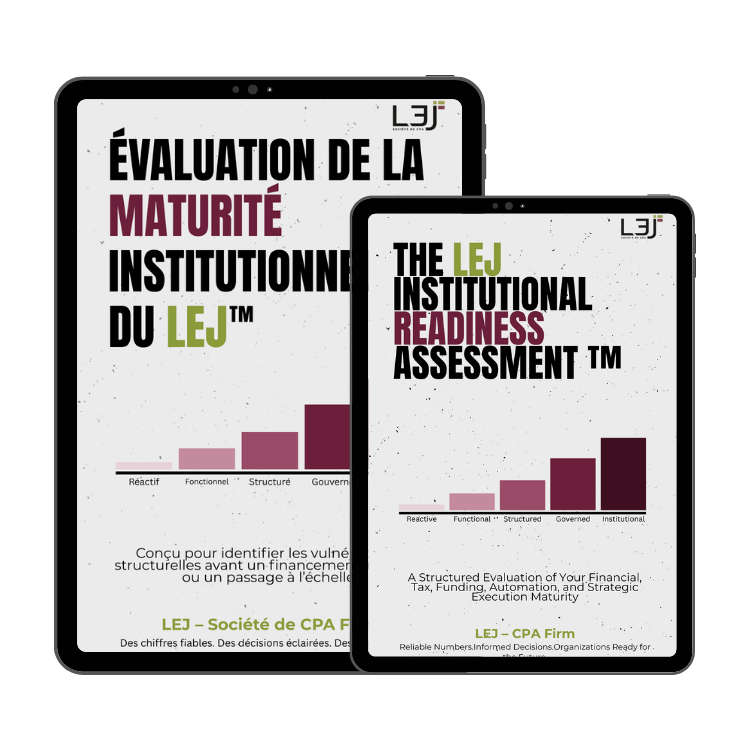 Capture d'écran montrant deux dispositifs d'affichage, un avec un graphique sur l'évaluation de la maturité de l'institution LEJ, et l'autre avec un graphique sur la préparation institutionnelle, avec du texte en français et en anglais.