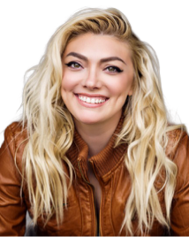 A smiling young woman with wavy blonde hair, wearing a brown leather jacket.