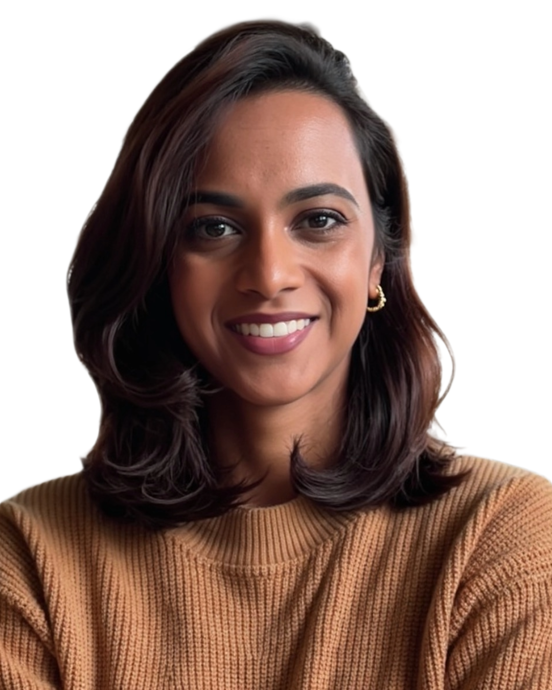 A smiling woman with shoulder-length dark brown hair, wearing a light brown sweater and gold hoop earrings.